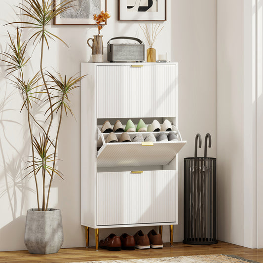 HOMCOM Elegant Three Drawer White Shoe Cabinet With Ridged Doors And Gold Accents