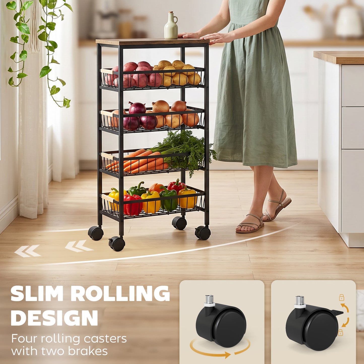 HOMCOM Metal Kitchen Trolley 4 Tier Storage With Pull Out Baskets And 4 Swivel Casters Rustic Brown