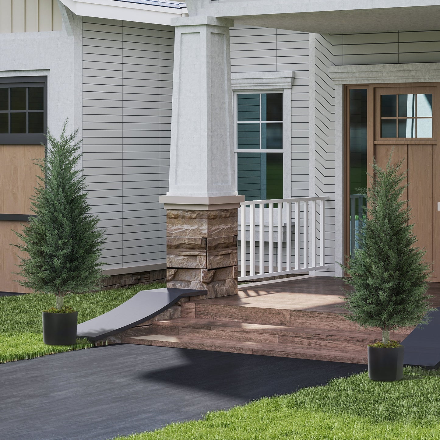 HOMCOM 90 CM Artificial Cypress Trees 2 Pack In Cement Pots UV Resistant Faux Plants For Garden Front Porch Decor