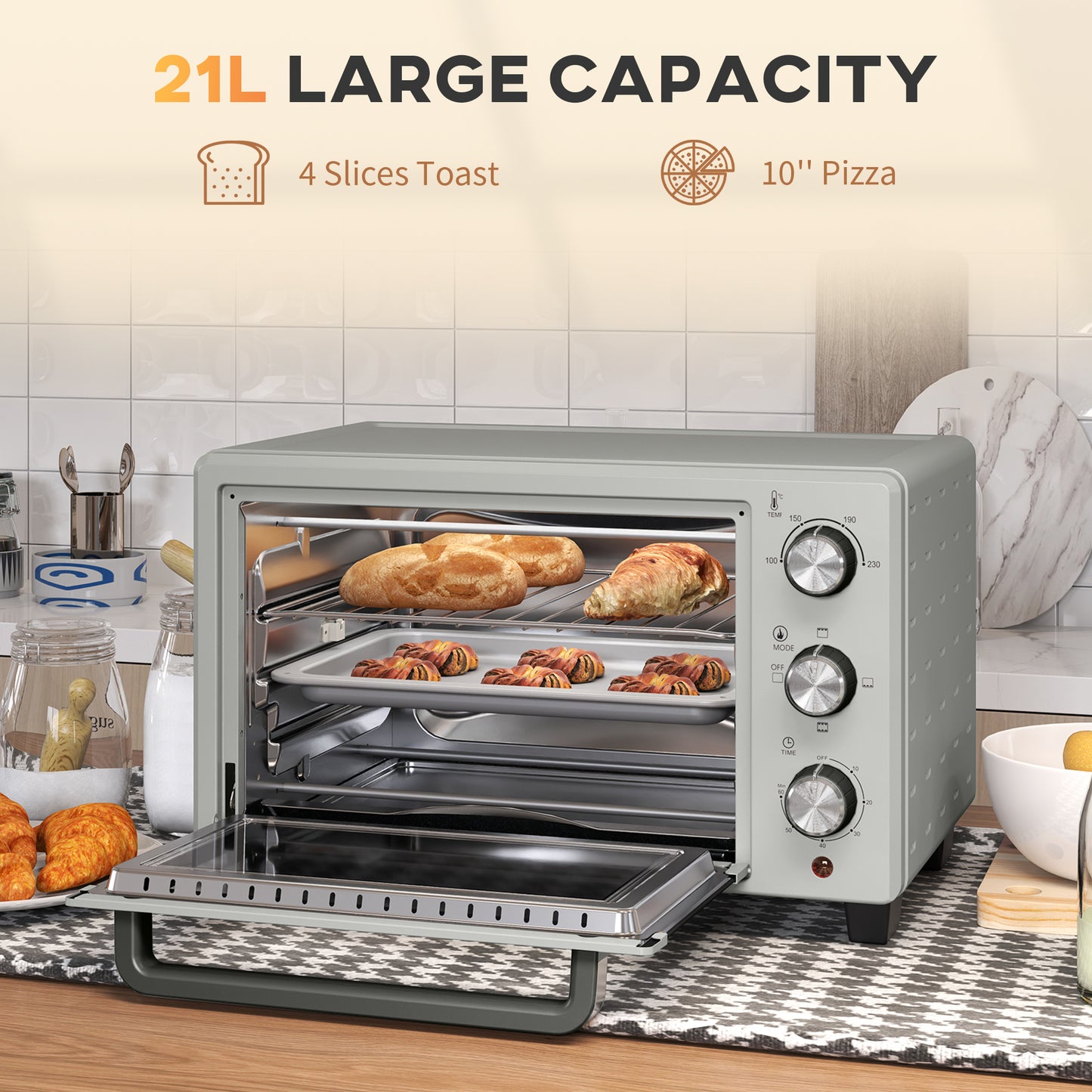 HOMCOM 21L Mini Countertop Oven With 100 To 230 Celsius Temperature Range, Removable Wire Rack And Tray, Silver Tone