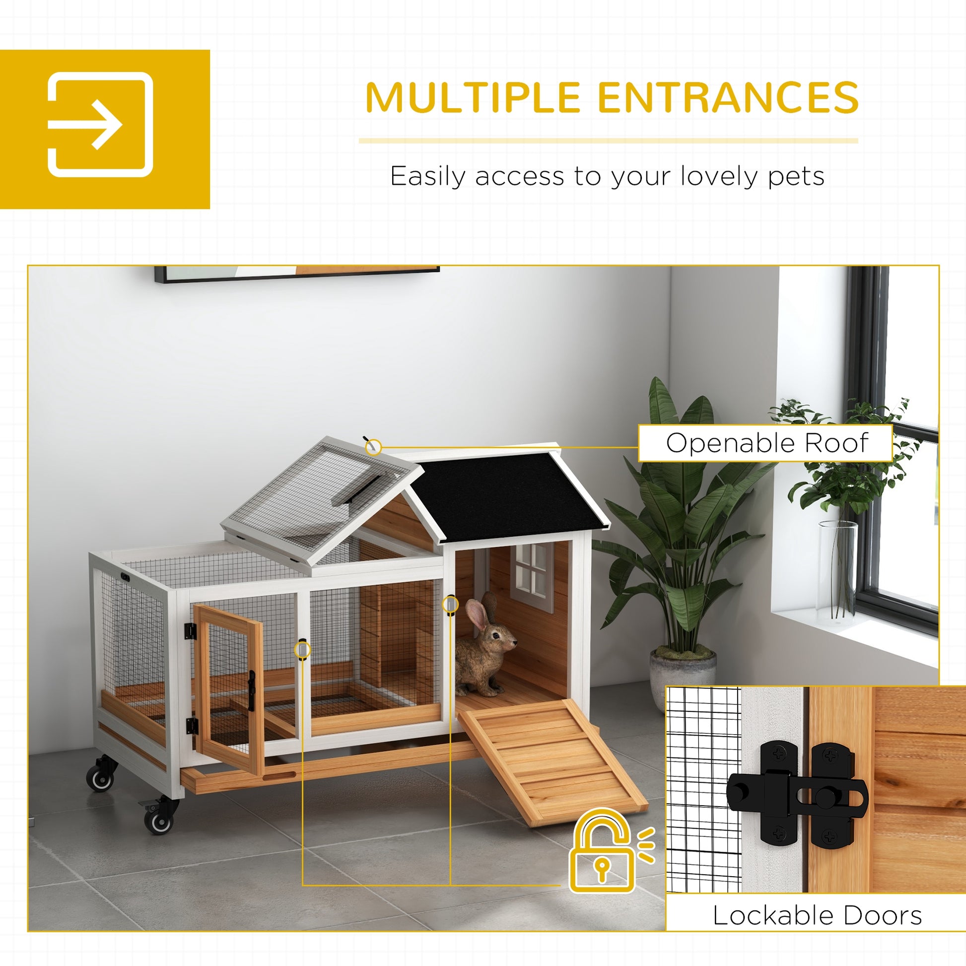 PawHut Wooden Rabbit Hutch Guinea Pig Cage with Removable Tray Wheels Yellow - ALL4U RETAILER LTD