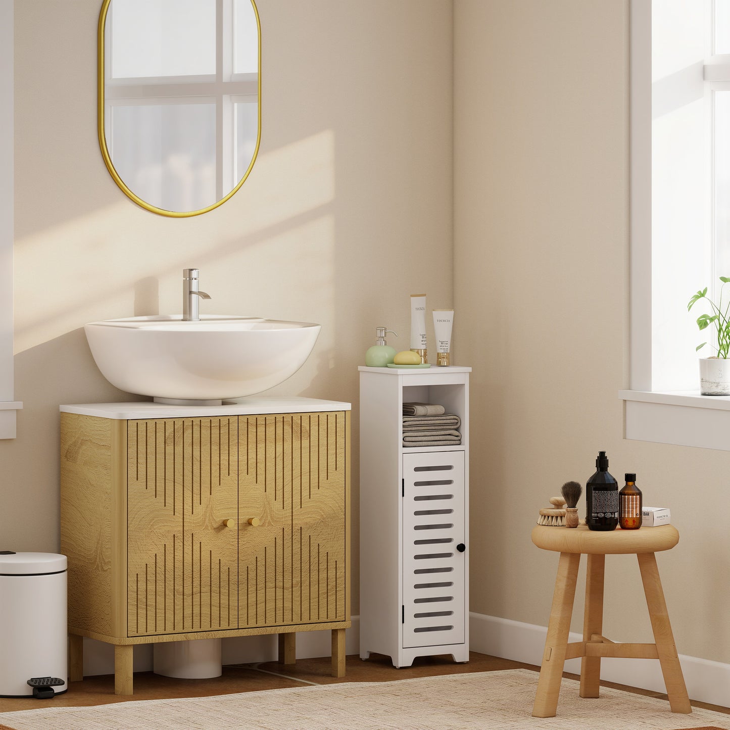 HOMCOM Bathroom Floor Cabinet With Louvered Door And Open Shelf White Adjustable Shelf Anti Tipping