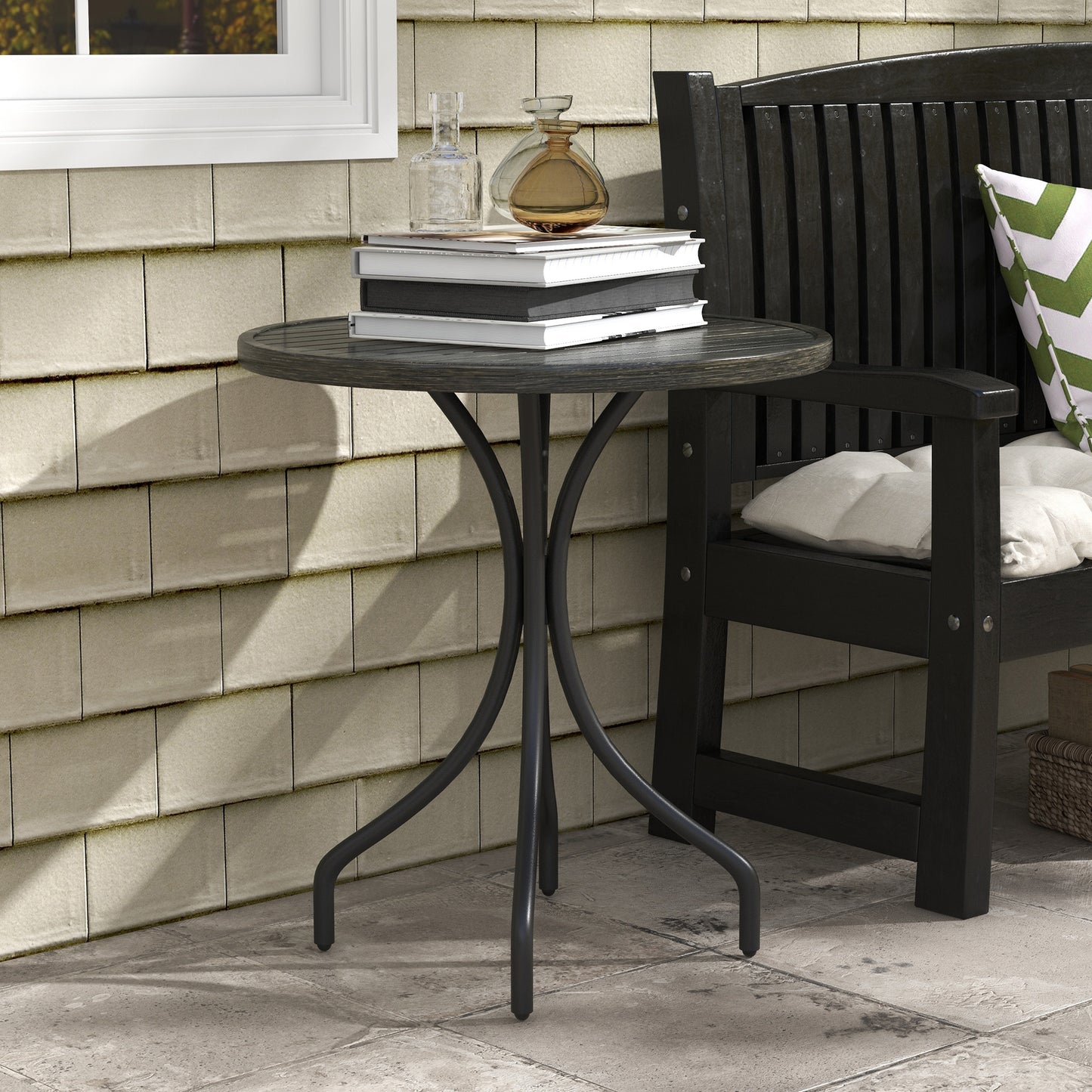 Outsunny 66cm Galvanised Steel Round Garden Table With Slatted Top Grey Powder Coated Frame