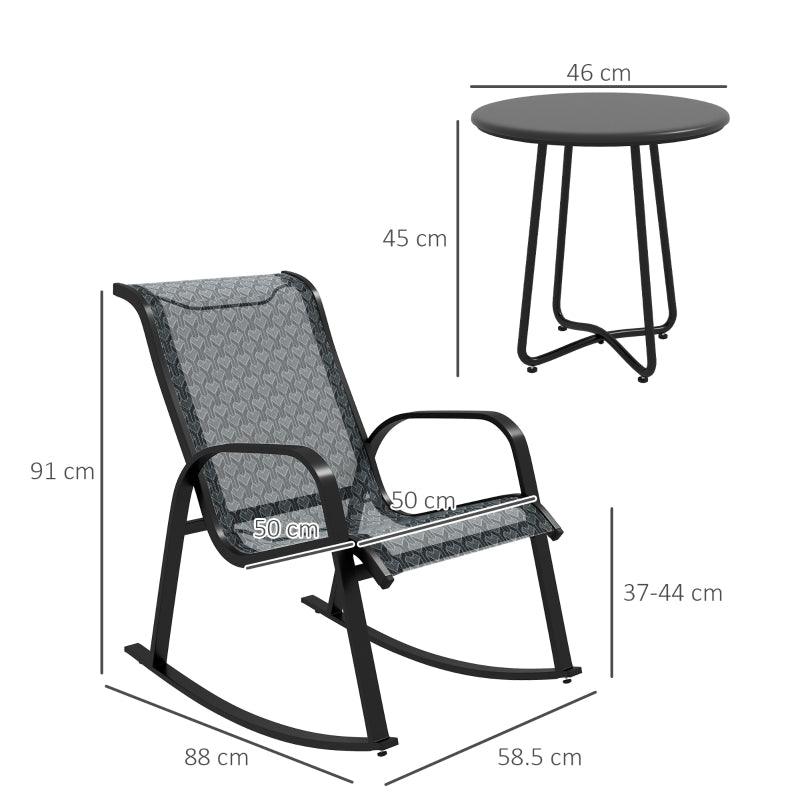 Outsunny 3 Piece Outdoor Rocking Set with 2 Armchairs and Metal Top Coffee Table - Patio Bistro Set with Curved Armrests - Breathable Mesh Fabric Seat for Garden, Deck - Mixed Grey. - ALL4U RETAILER LTD