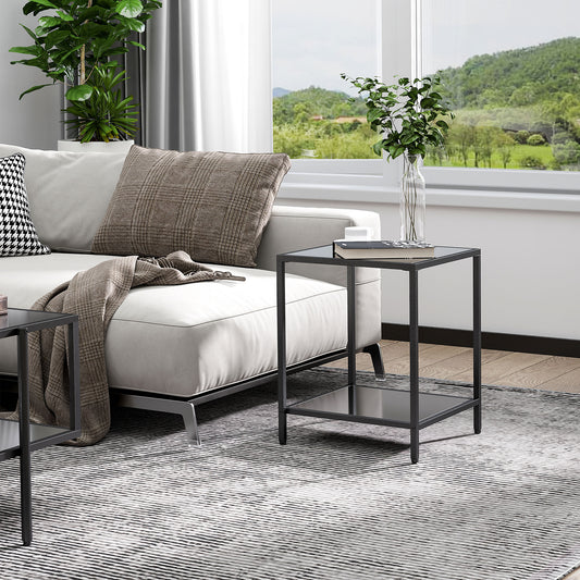 HOMCOM Stylish Black Tempered Glass End Table with Dual Storage Shelves and Steel Frame - ALL4U RETAILER LTD