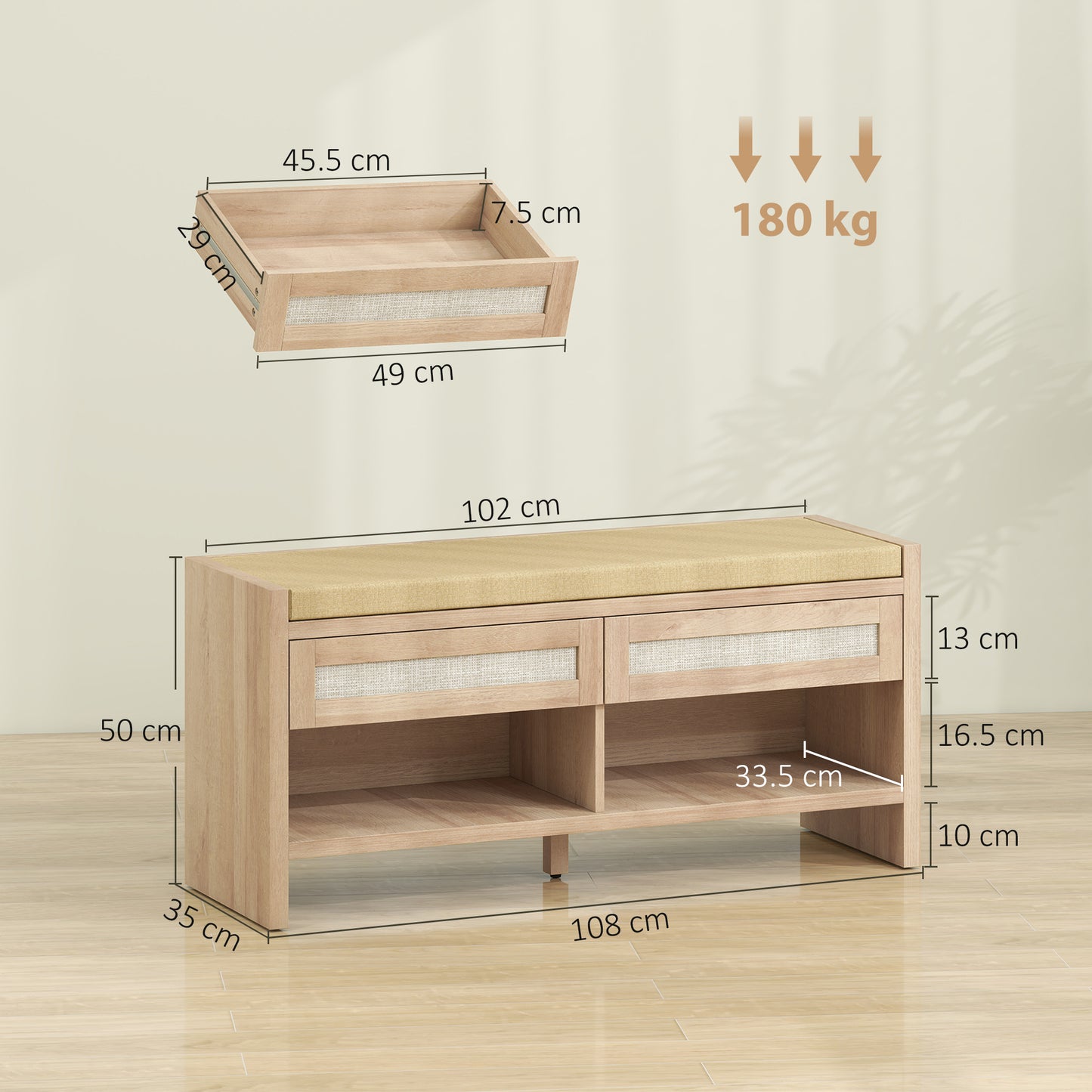 HOMCOM Boho Shoe Bench With 2 Rattan Drawers Cushioned Seat Open Shelf Oak Wood Effect