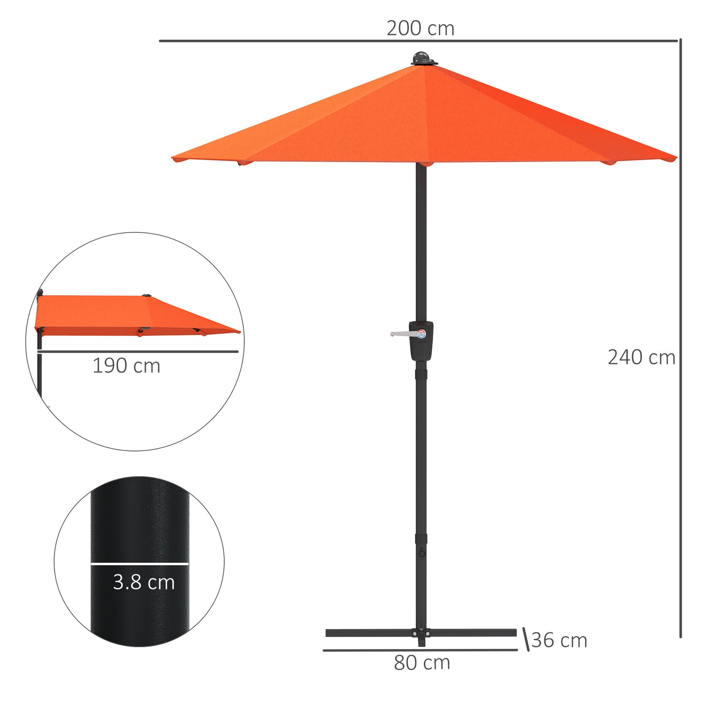 Outsunny 2m Half Parasol Umbrella Orange Extra Long Canopy For Wall Or Window Shade Outdoor Garden Sun Shelter