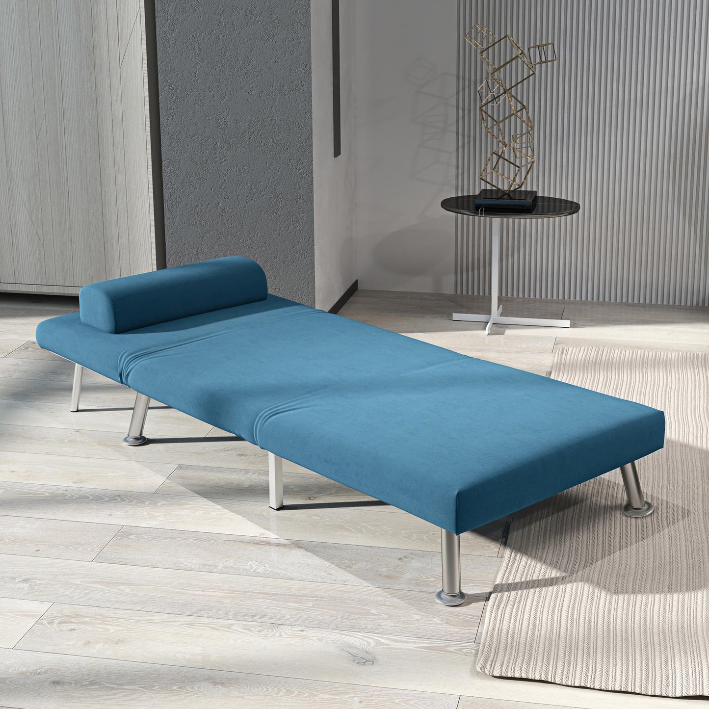 HOMCOM Velvet Feel Sleeper Chair Blue 3 In 1 Chair To Chaise Longue And Bed With Five Level Adjustable Backrest