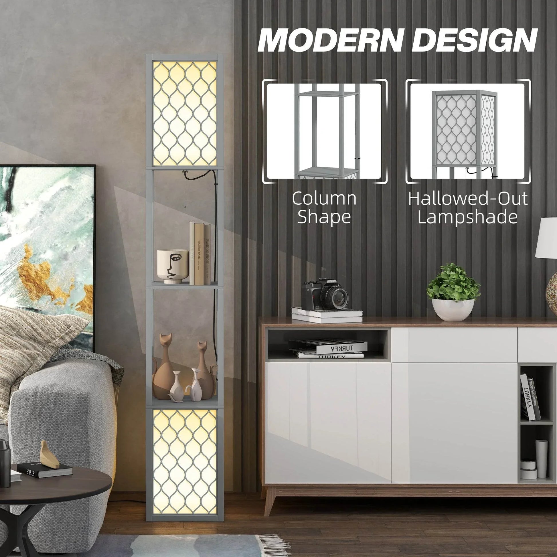 Modern Light Grey Standing Floor Lamp with Dual Shelves and Pull Chain Switch - ALL4U RETAILER LTD