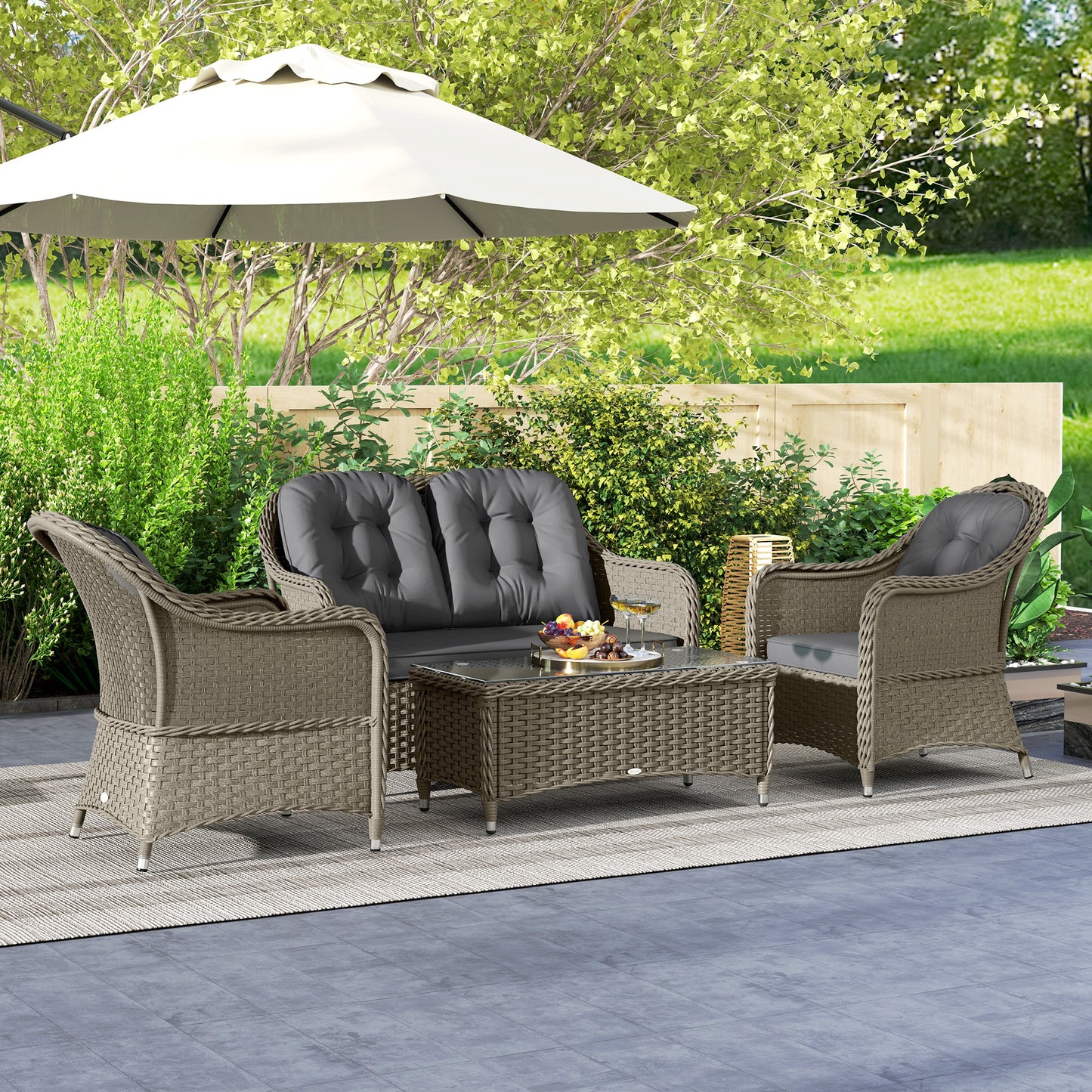Outsunny Four Piece Rattan Sofa Set With Glass Top Table Aluminium Frame Outdoor Garden Furniture Light Grey