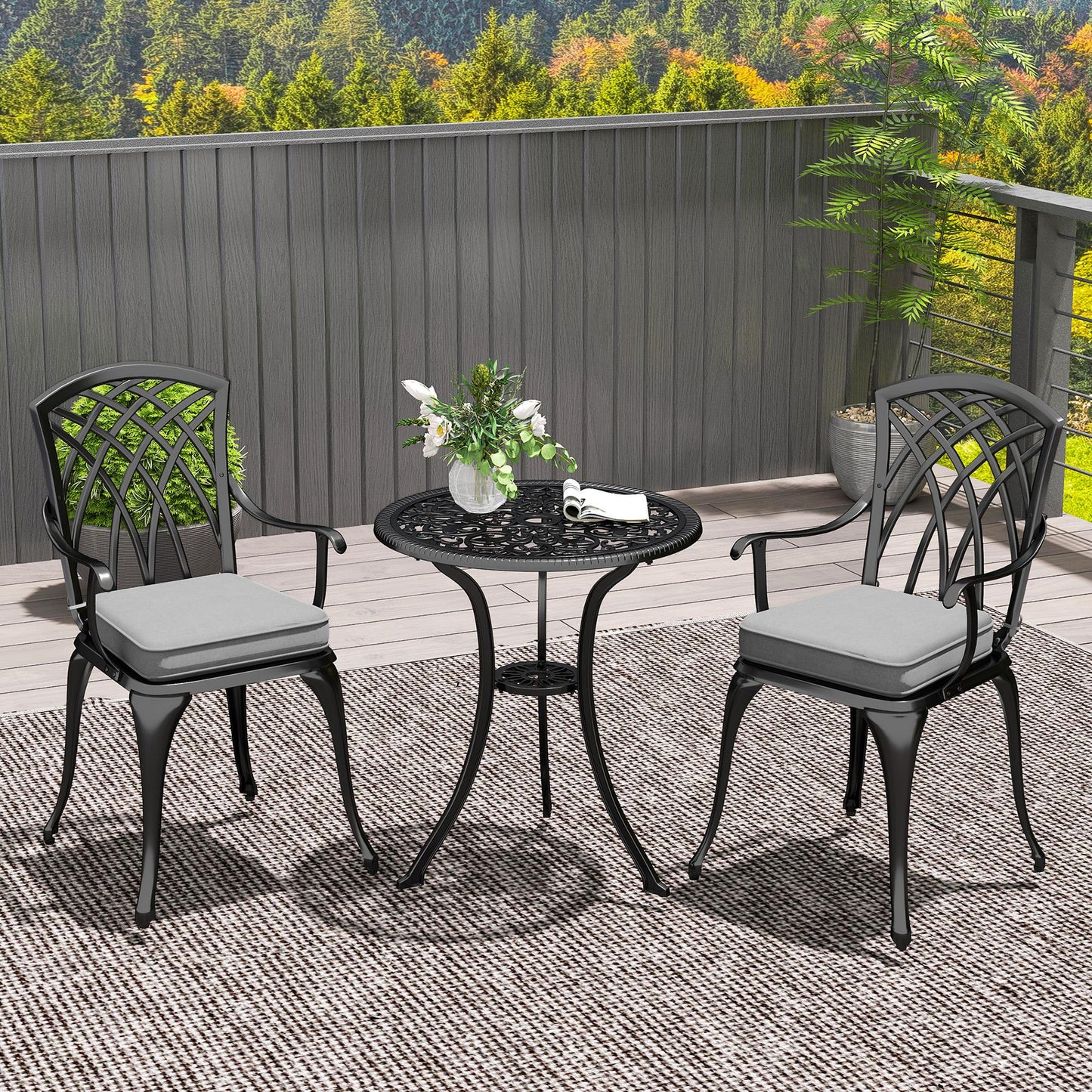 Outsunny Three Piece Cast Aluminium Bistro Set With Parasol Hole 45mm And Cushioned Seats Black