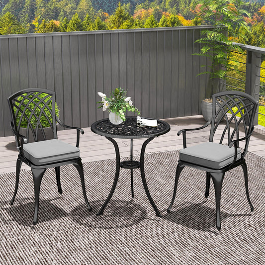 Outsunny Three Piece Cast Aluminium Bistro Set With Parasol Hole 45mm And Cushioned Seats Black