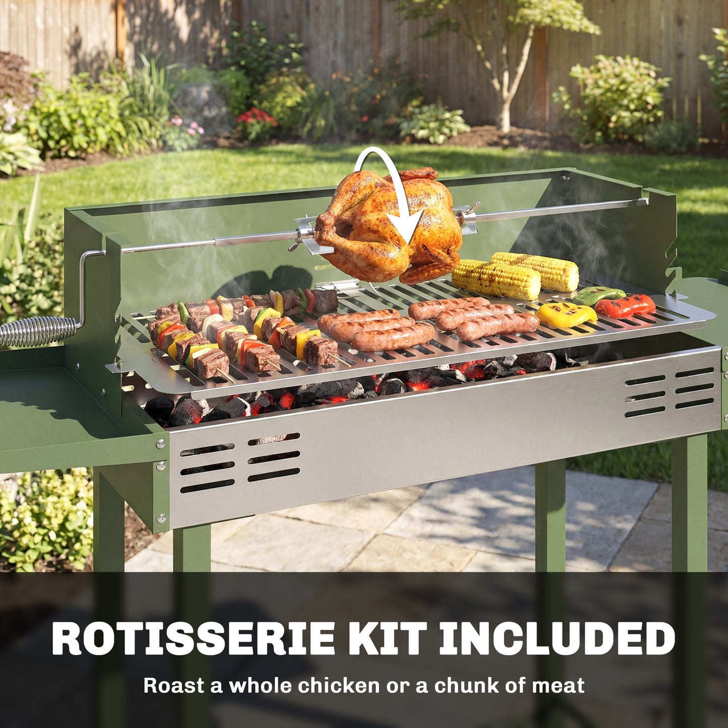 Outsunny Charcoal Rotisserie Grill Roaster Spit With 3 Level Grill Grate And Side Shelves Dark Green For Chicken