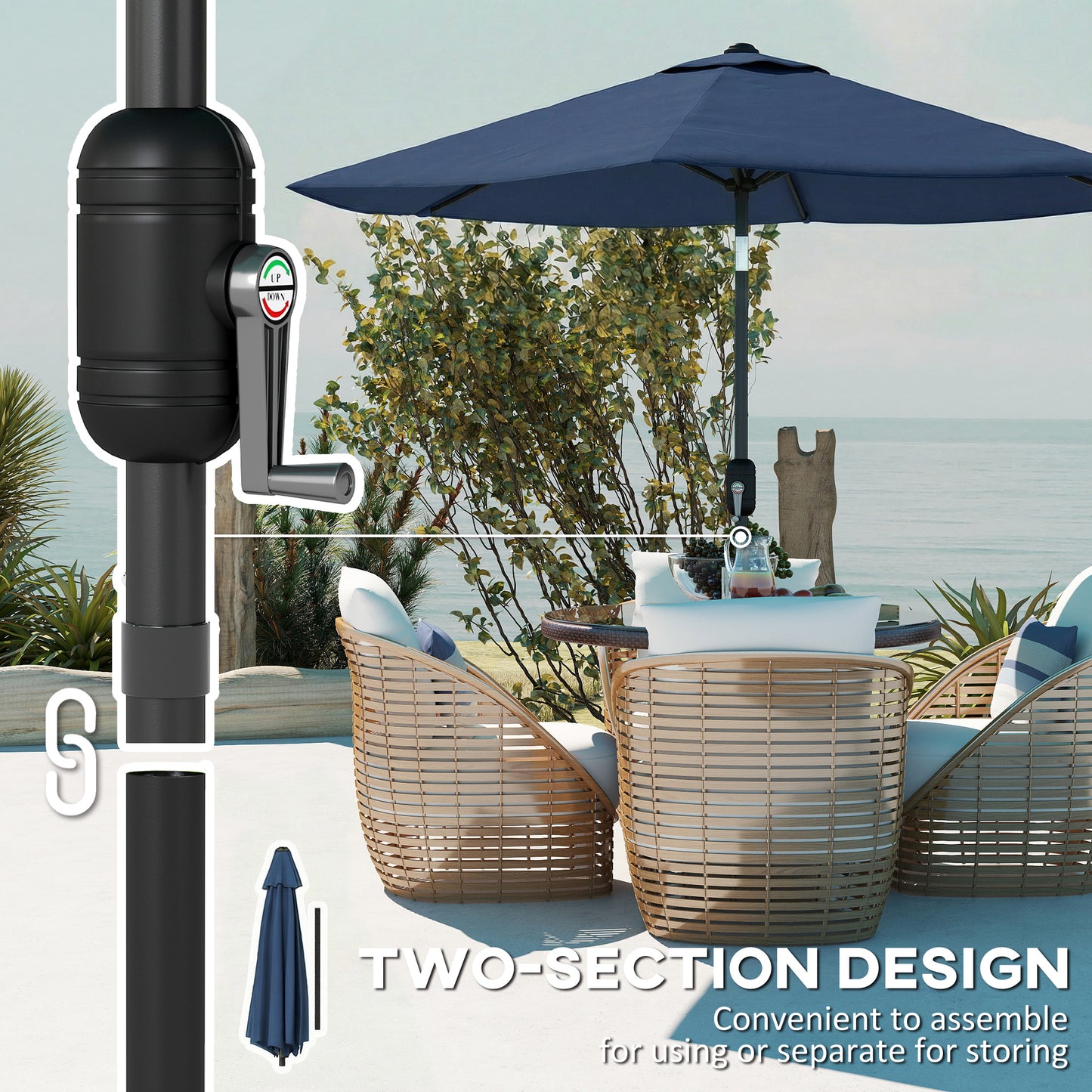 Outsunny 2.6 m Garden Parasol Umbrella With Aluminium Pole Outdoor Patio Umbrella Tilt Crank Vent Navy Blue