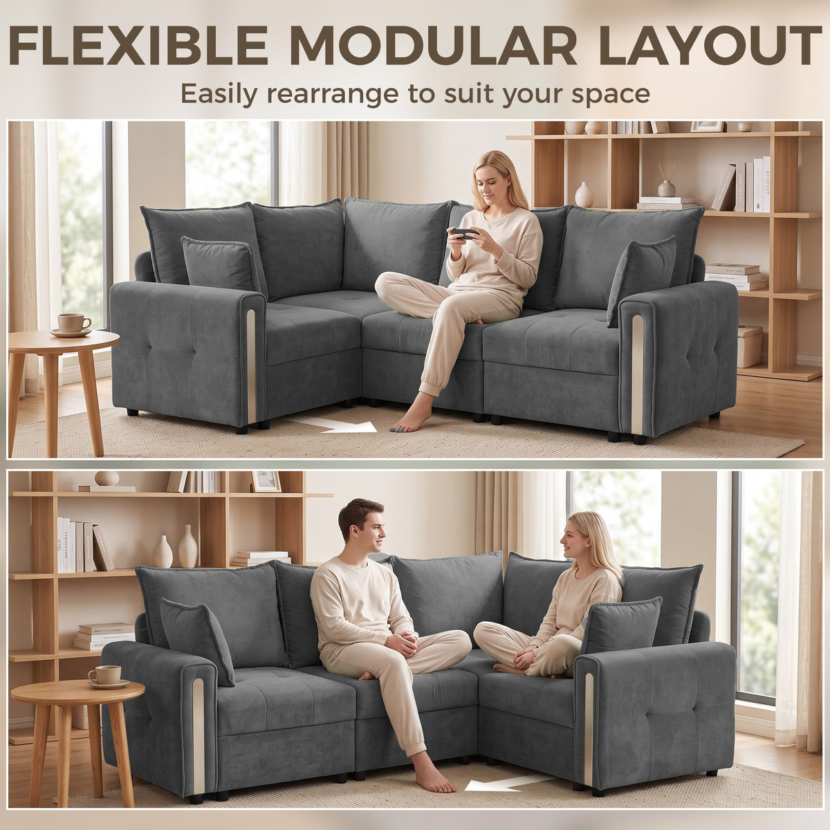 Dark grey modular L-shaped sectional sofa with two-seat configuration and arms