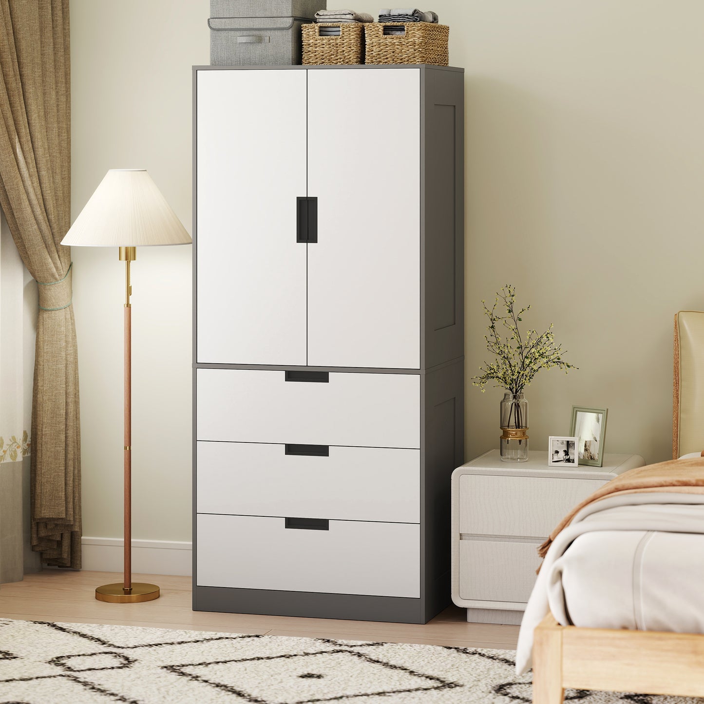 HOMCOM Modern Clothes Storage Cupboard Unit With Hanging Rod 2 Doors And 3 Drawers Grey Wardrobe