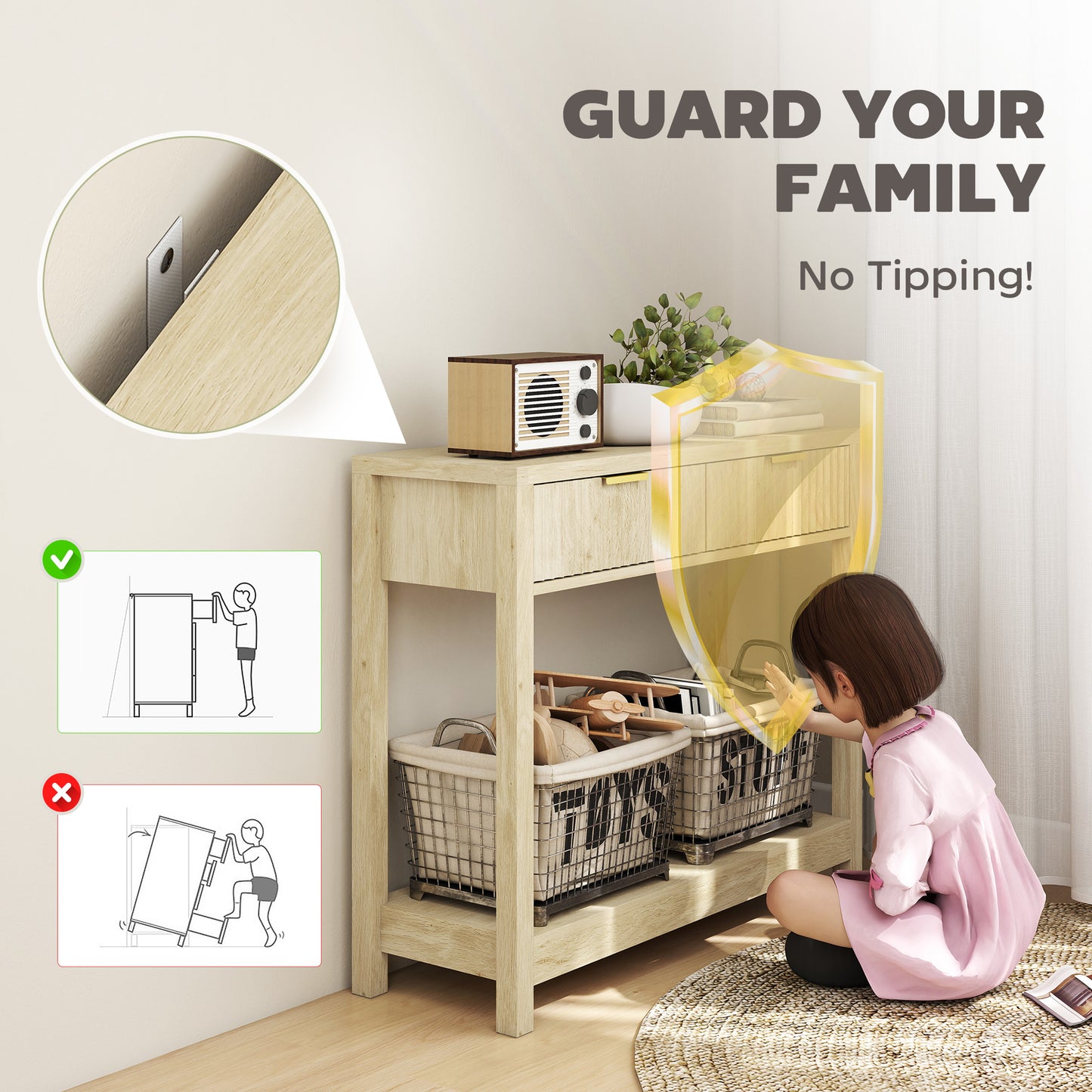 HOMCOM Modern Console Table With Fluted Panel Drawers Narrow Hallway Entryway Table With Open Shelf Natural Wood Finish