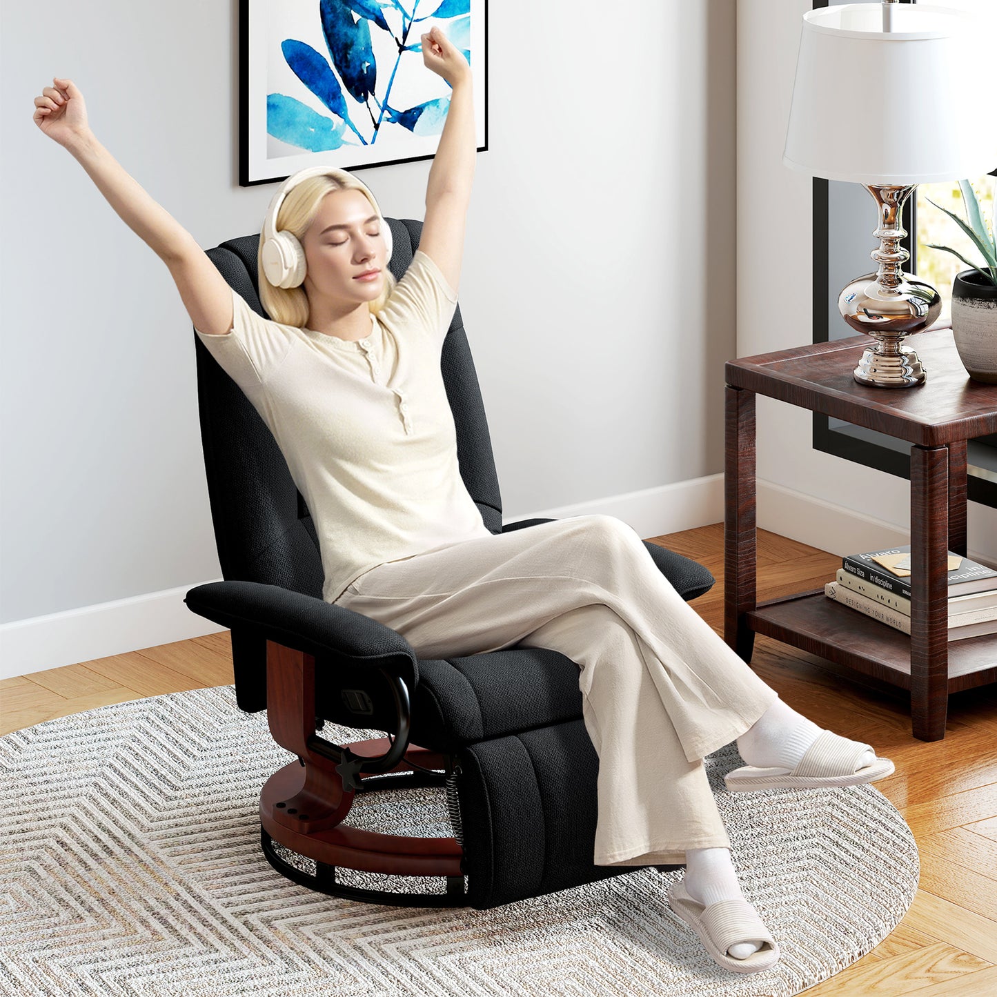 HOMCOM Reclining Swivel Chair With Manual Footrest Black Padded Armchair For Living Room