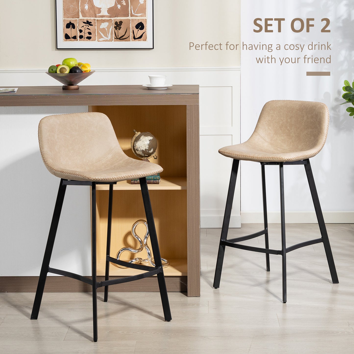 HOMCOM Bar Stool Set Of 2 With Backrest And Footrest PU Leather Chairs For Kitchen Counter Breakfast Bar Light Brown