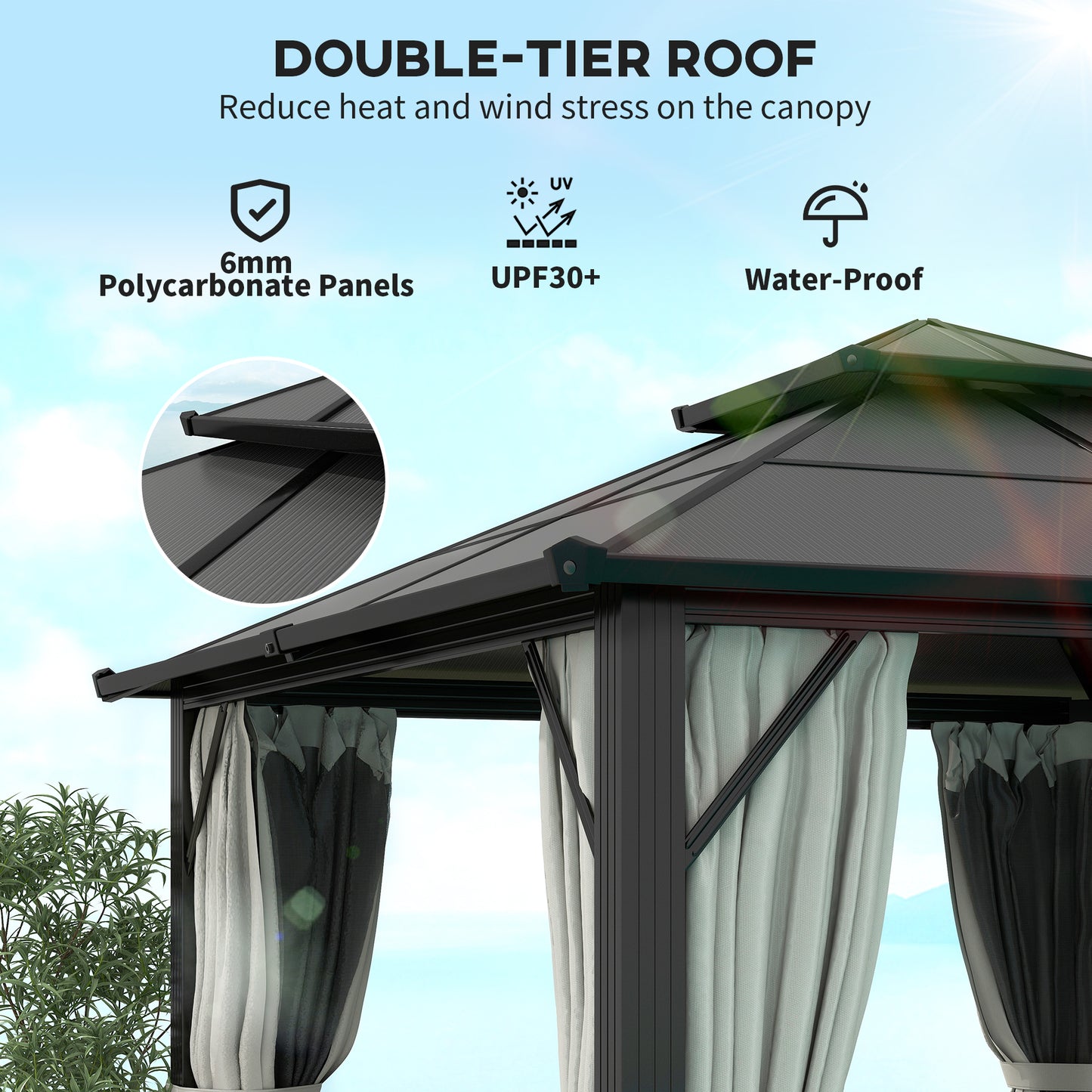 Outsunny 3x3m Hardtop Gazebo With UPF30 Polycarbonate Roof Aluminium Frame Garden Pavilion Mosquito Netting