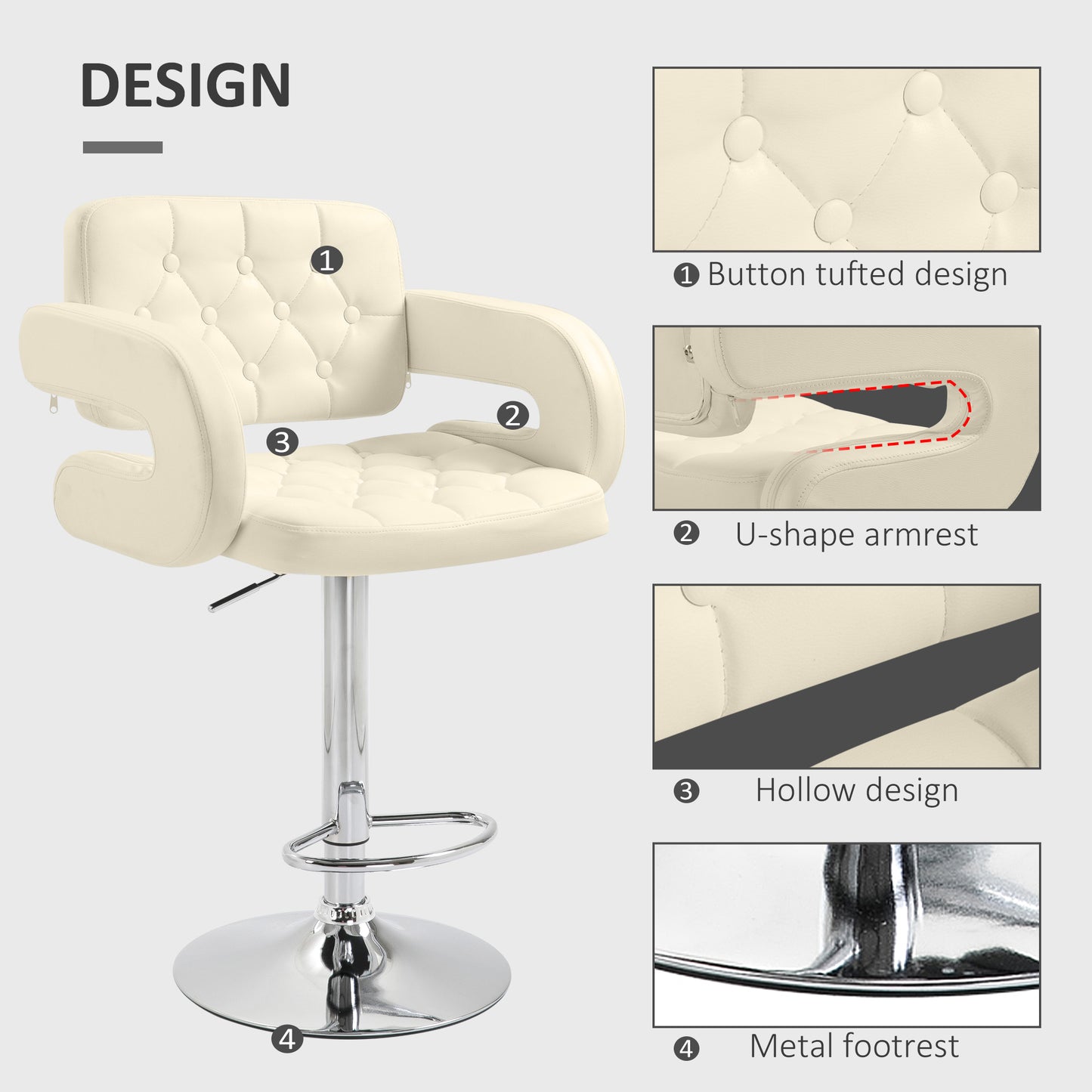 Upholstered Swivel Bar Stool Set of 2 Height Adjustable Back Armrest Footrest Chrome Base PU Upholstery White
