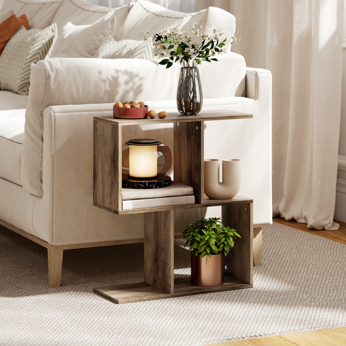 HOMCOM Narrow End Table With Storage Shelves S Shaped 3 Tier Oak Finish 50W X 19.5D X 58H Cm