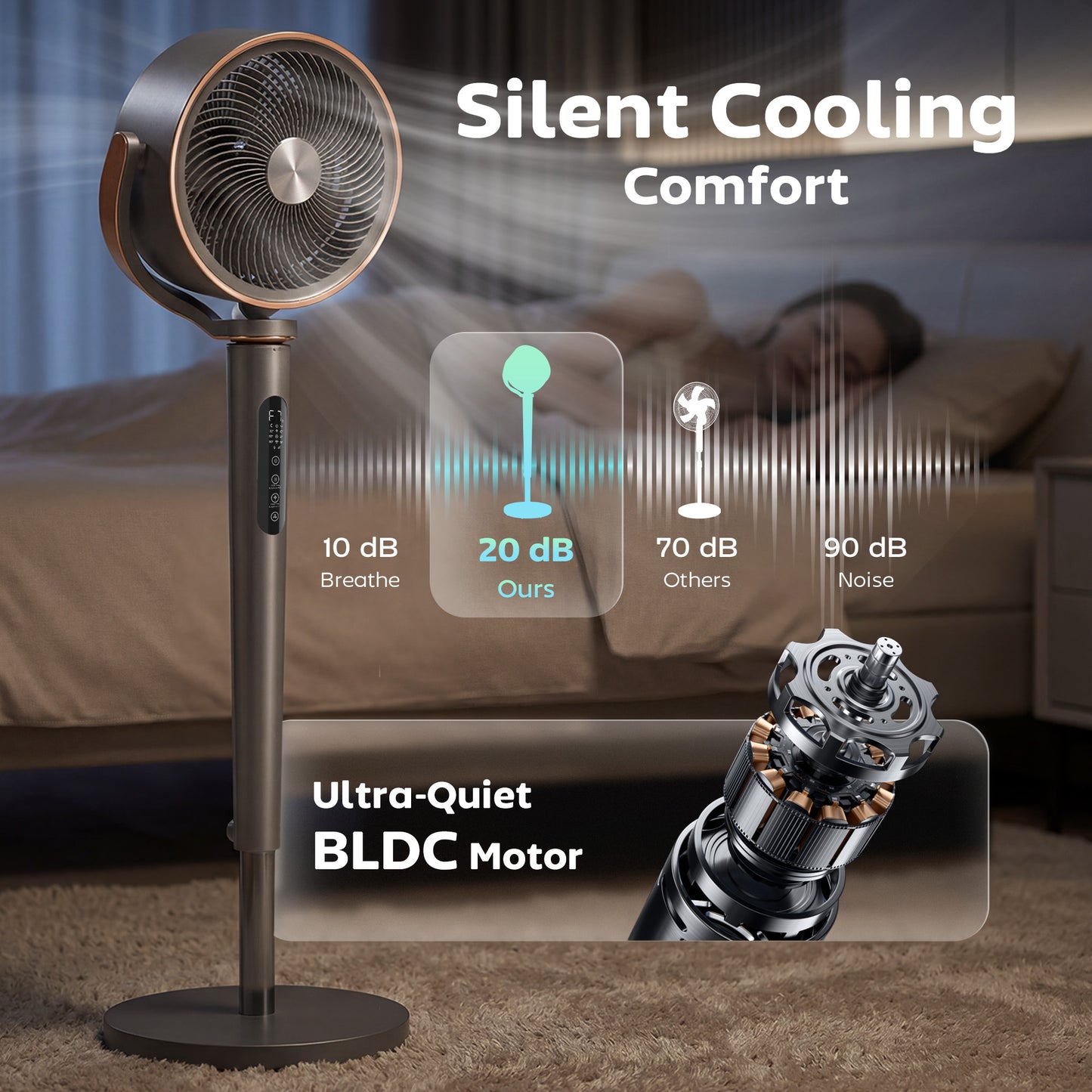 HOMCOM 20dB Silent Standing Fan With 70-90 Degree Auto Oscillation, 12 Speeds, LED, Remote, 12H Timer, 46 Inch Grey