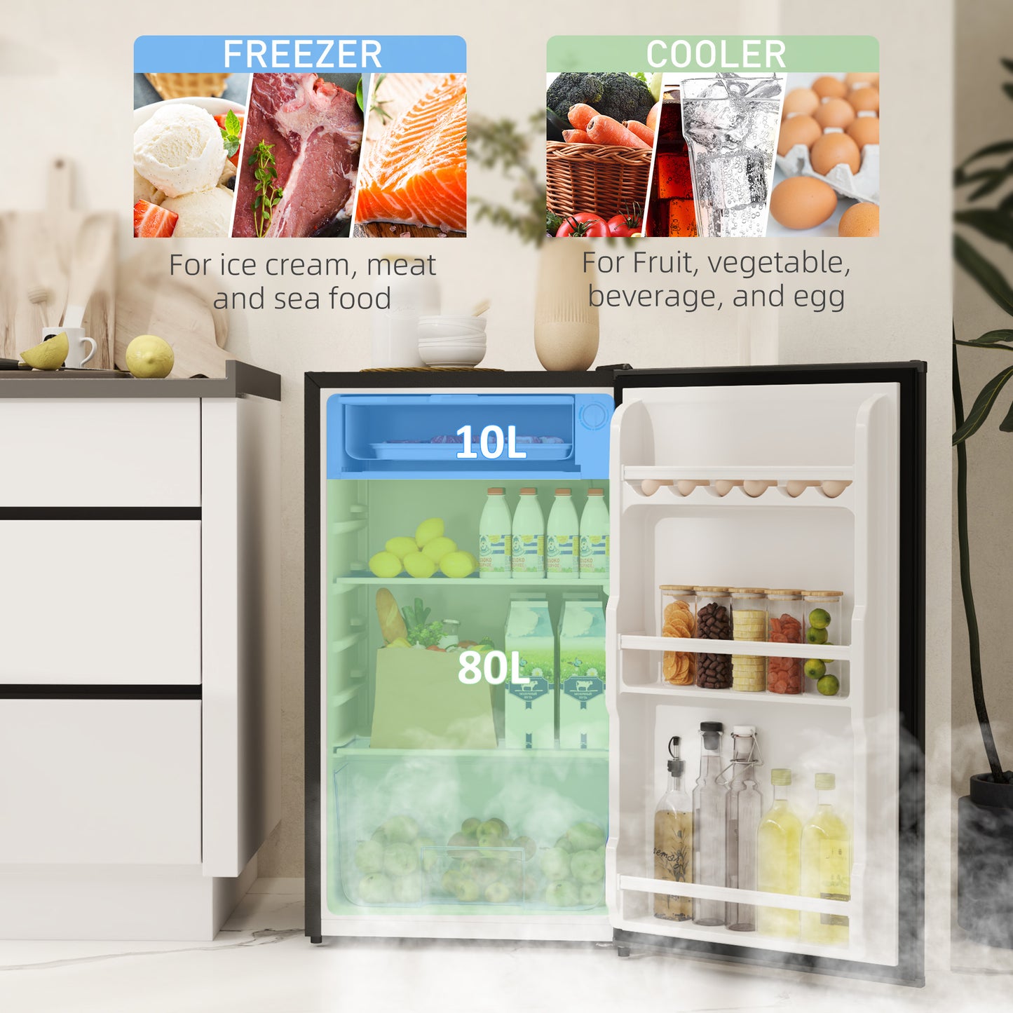 HOMCOM 91L Freestanding Under Counter Fridge With Lock Black For Small Kitchens And Home Offices