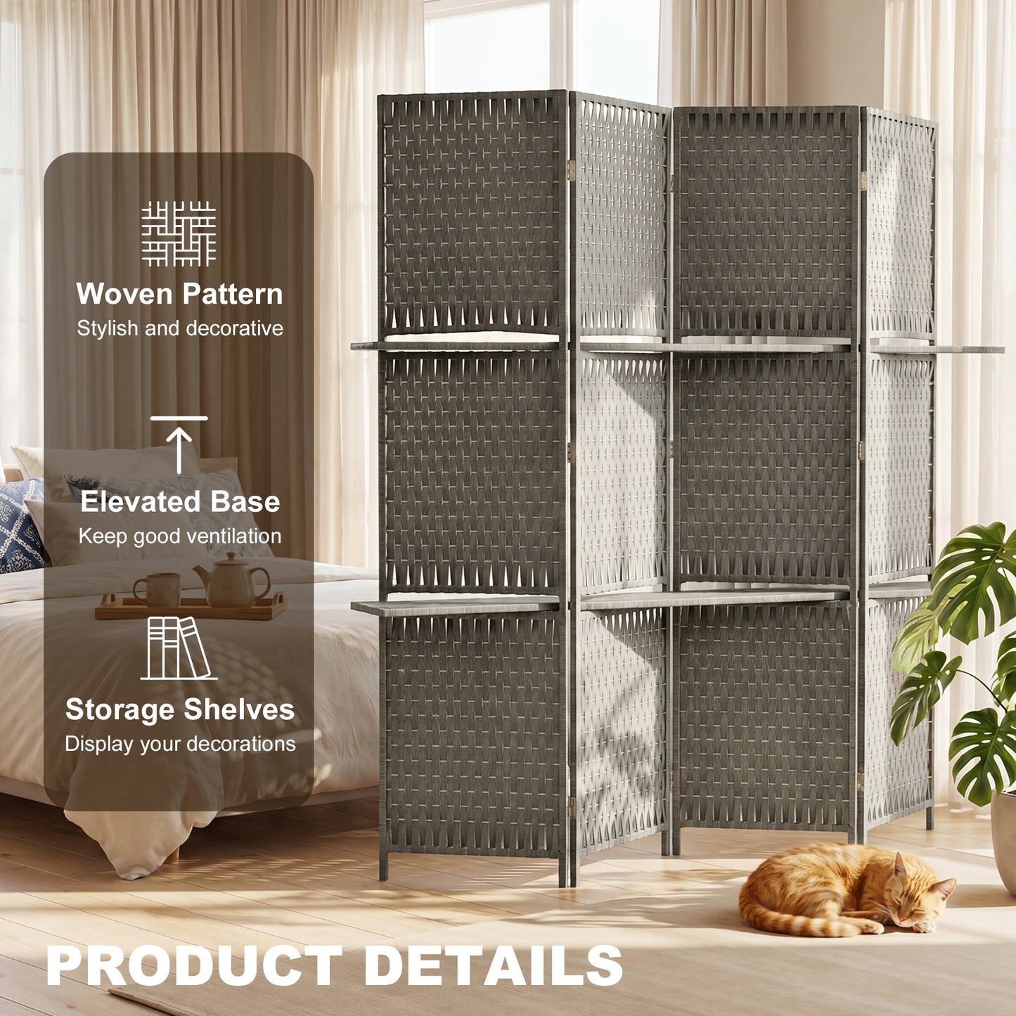 HOMCOM Wave Fibre Freestanding Folding Privacy Screen Panels Room Divider Grey With Shelves For Storage