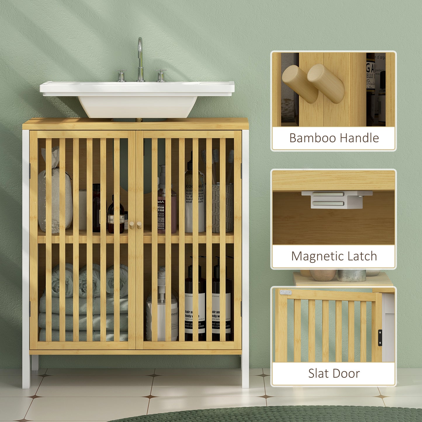 HOMCOM Bamboo Blend Retro Cutout Under Sink Cabinet With Three Position Adjustable Shelf For Bathroom Storage
