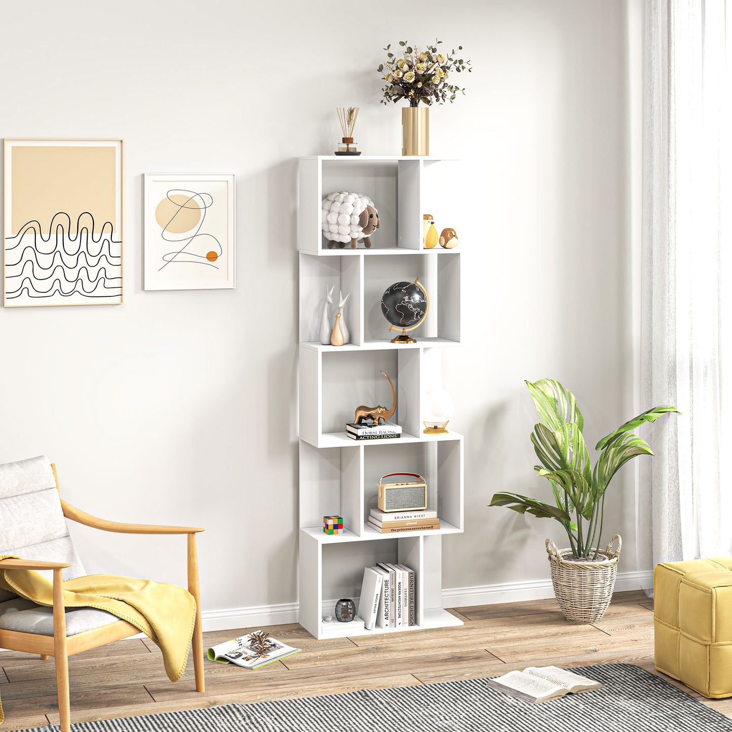 HOMCOM White S Shaped Bookcase Five Tier Freestanding Open Back Wood Display Shelf For Home Office