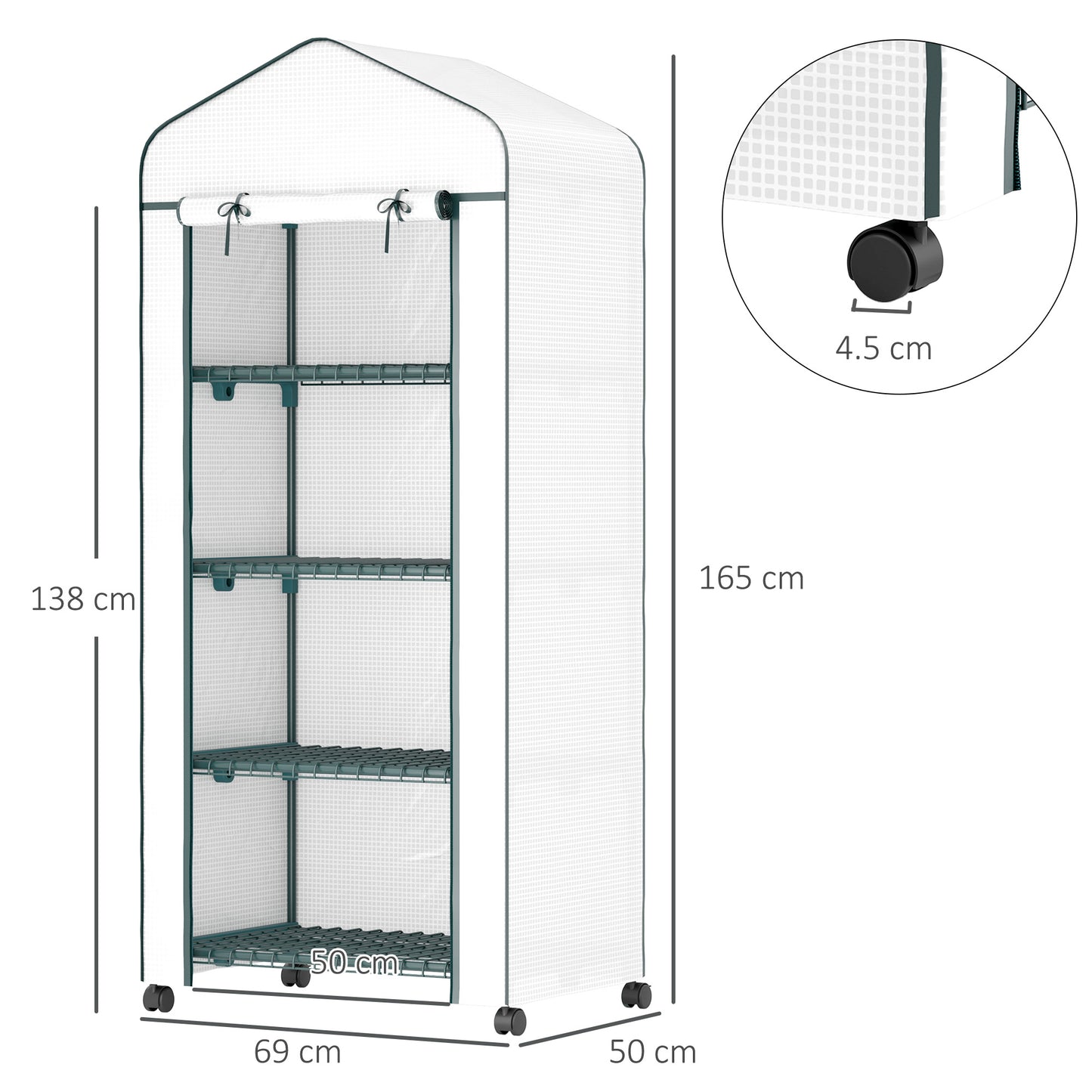 Outsunny 4 Tier Mini Portable Greenhouse with Lockable Rolling Wheels White Metal Frame PE Cover