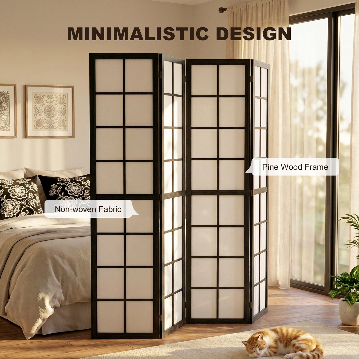 HOMCOM 4 Panel Folding Room Divider Freestanding Indoor Privacy Screen For Living Room And Bedroom Black