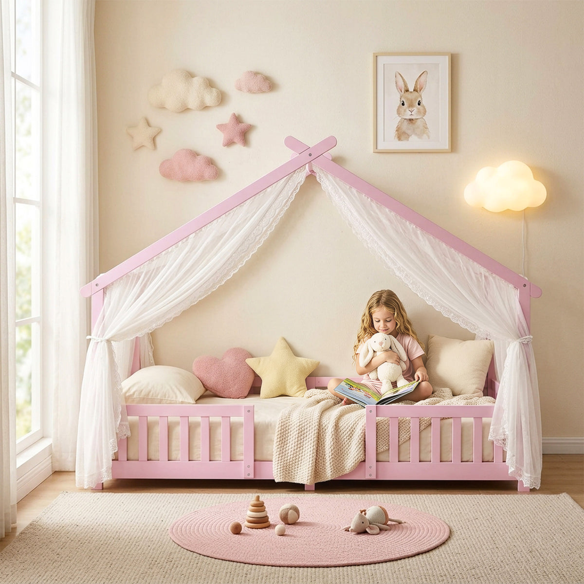 AIYAPLAY Pink Solid Pine House Bed Frame for Kids with Dual Guardrails