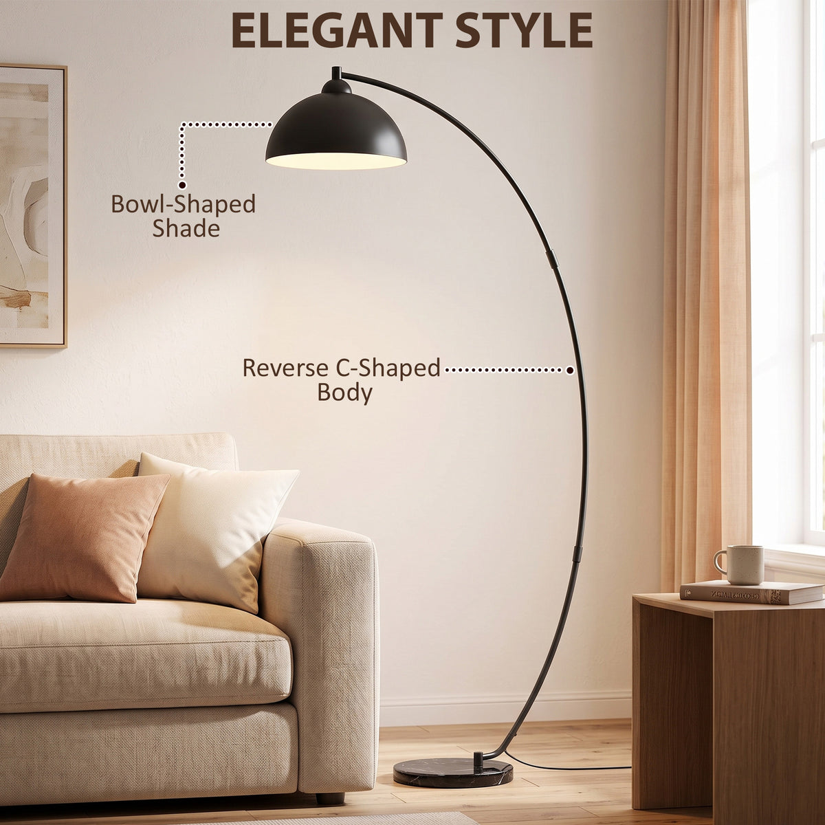 Black arc floor lamp with reverse C-shaped frame and bowl-shaped shade