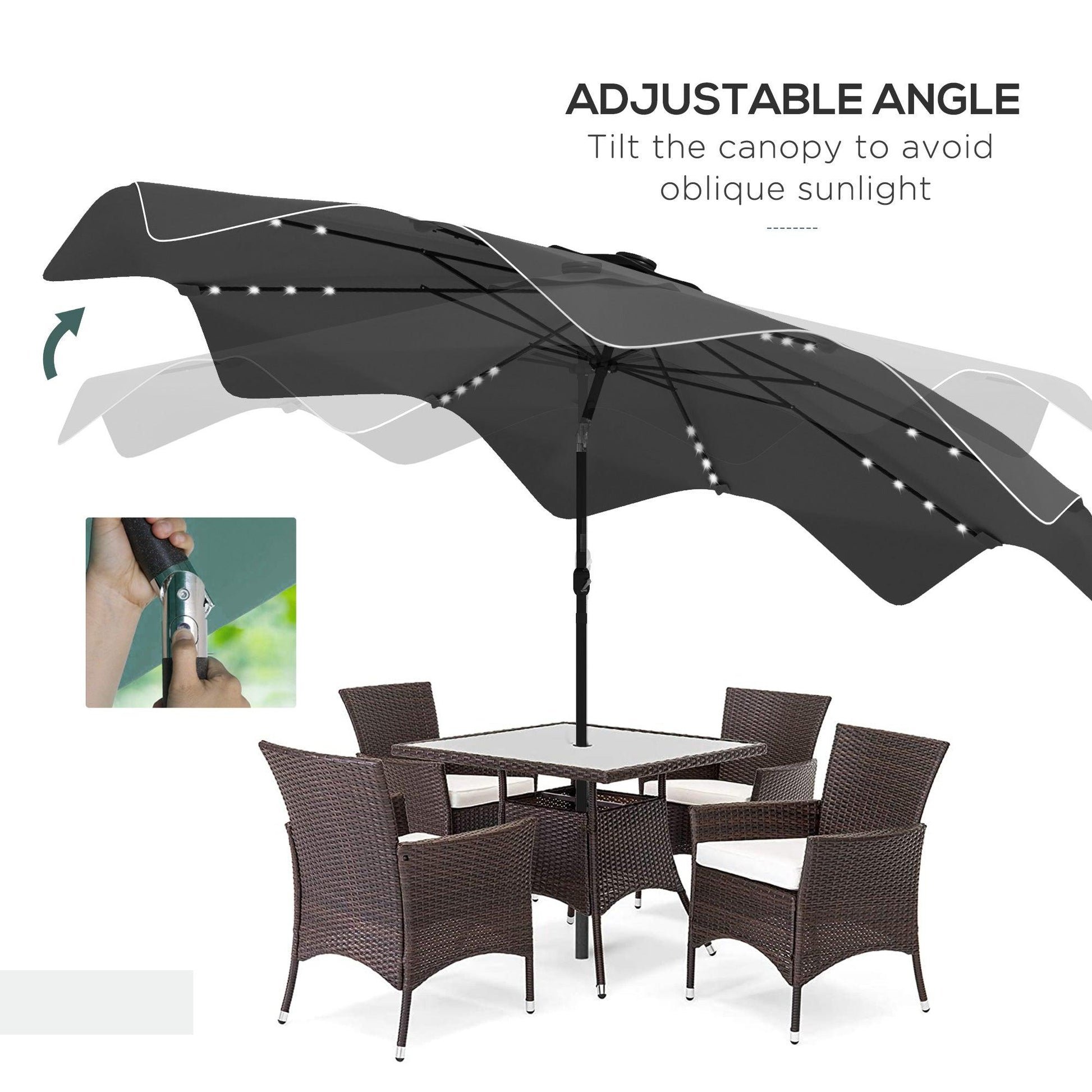 Outsunny Solar Patio Umbrella with LED and Tilt, Outdoor Market Table Umbrella Parasol with Crank, 3 x 3 (m), Dark Grey - ALL4U RETAILER LTD