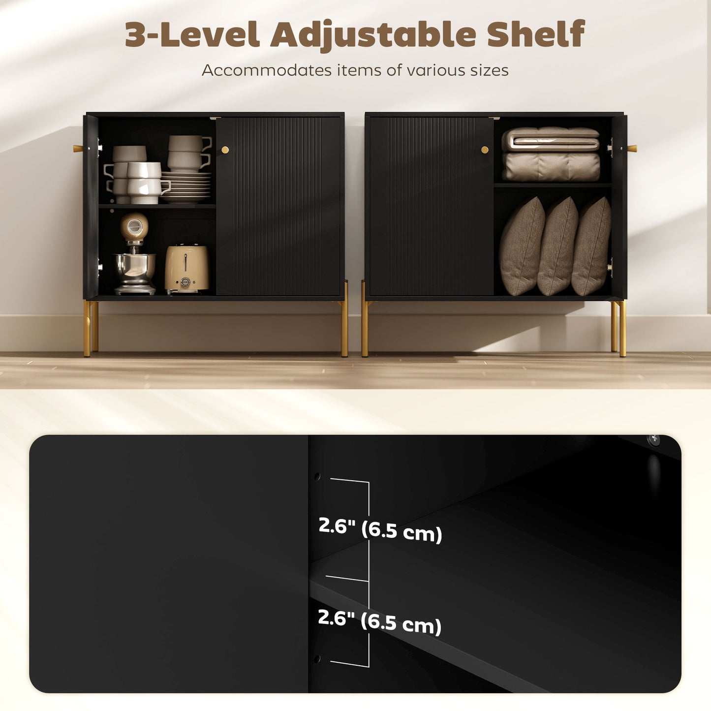 HOMCOM Sideboard Buffet Cabinet With Fluted Doors And Adjustable Shelf Black Coffee Bar Storage