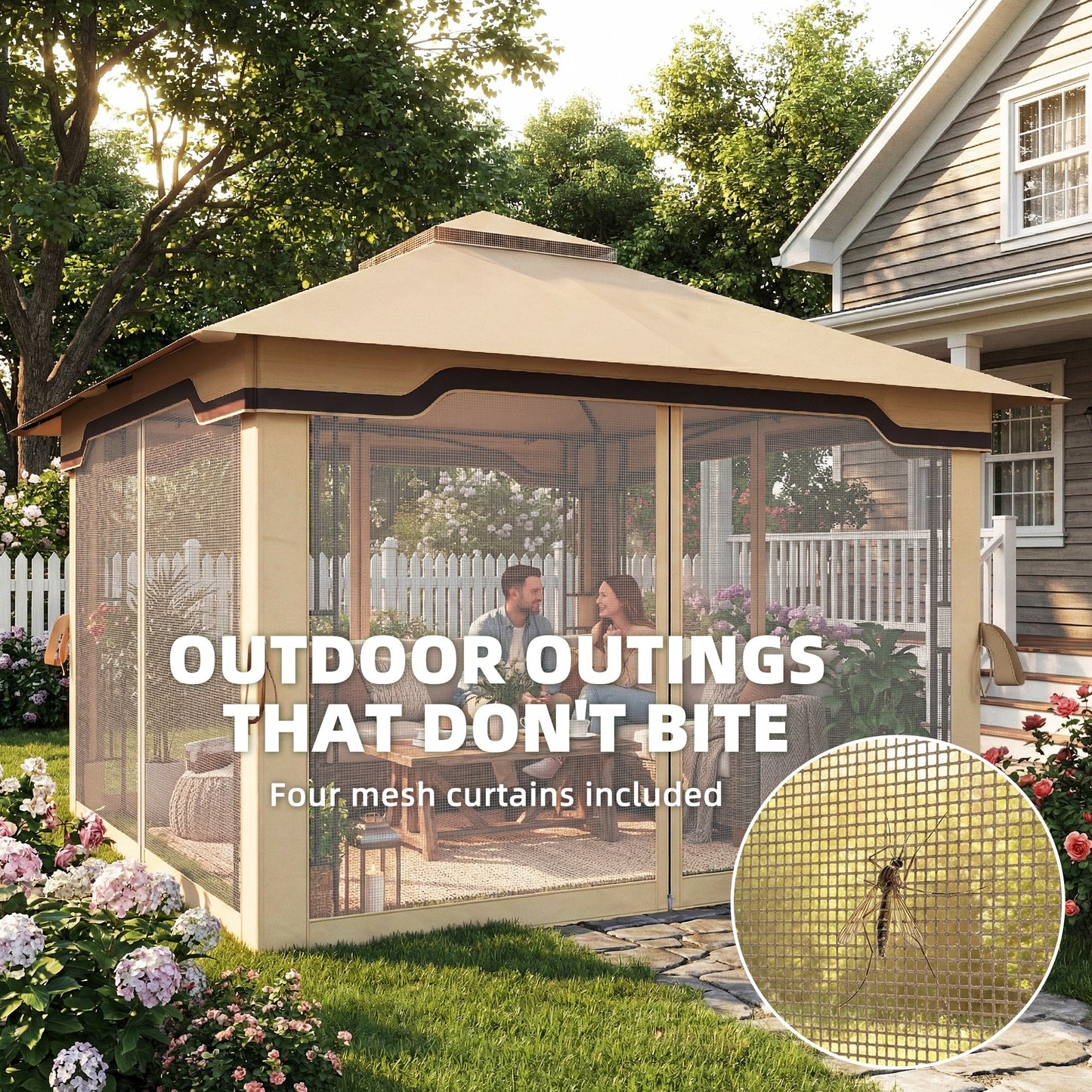 Outsunny 3.3 x 3.3 m Outdoor Garden Gazebo With Post Shelves Hook Khaki UPF50 Plus Patio Permanent Pavilion