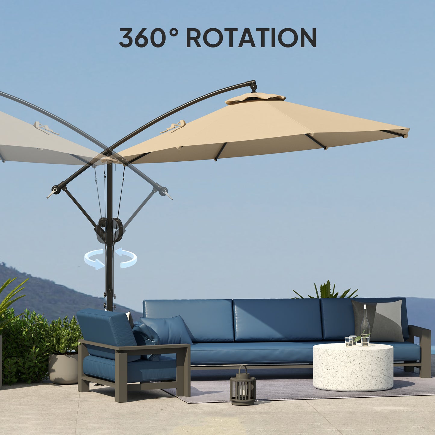 Outsunny 3m Cantilever Garden Parasol With Cover And Wind Protection Strap Overhanging Umbrella Crank Tilt UPF50 Khaki