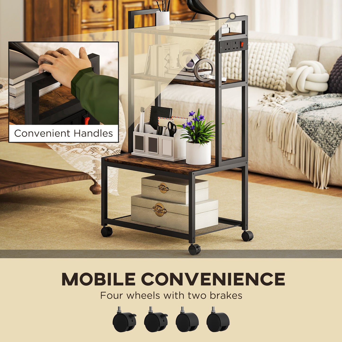 HOMCOM Four Tier Printer Stand With Power Outlets And Wheels Rustic Brown Storage Cart