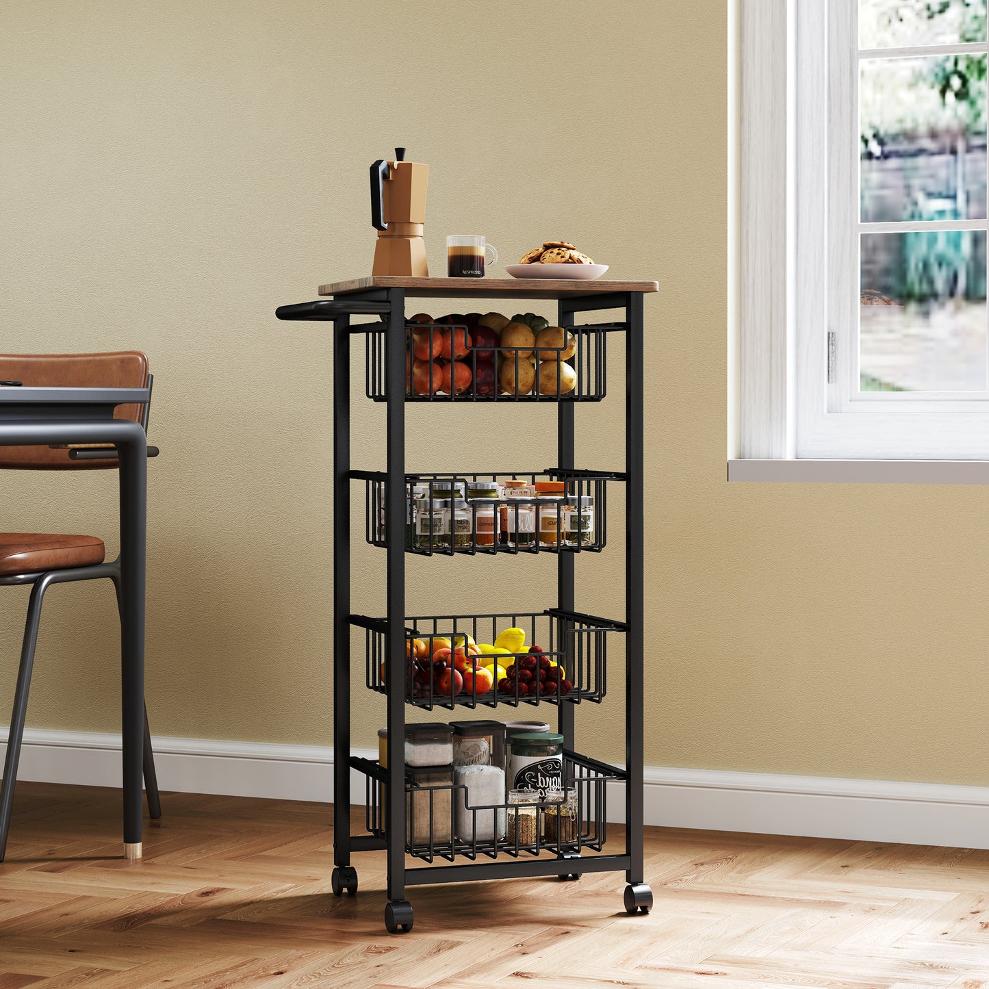 Homcom Four Basket Mobile Kitchen Island With Brakes Oak And Black Top For Extra Counter Space Kitchen Organization