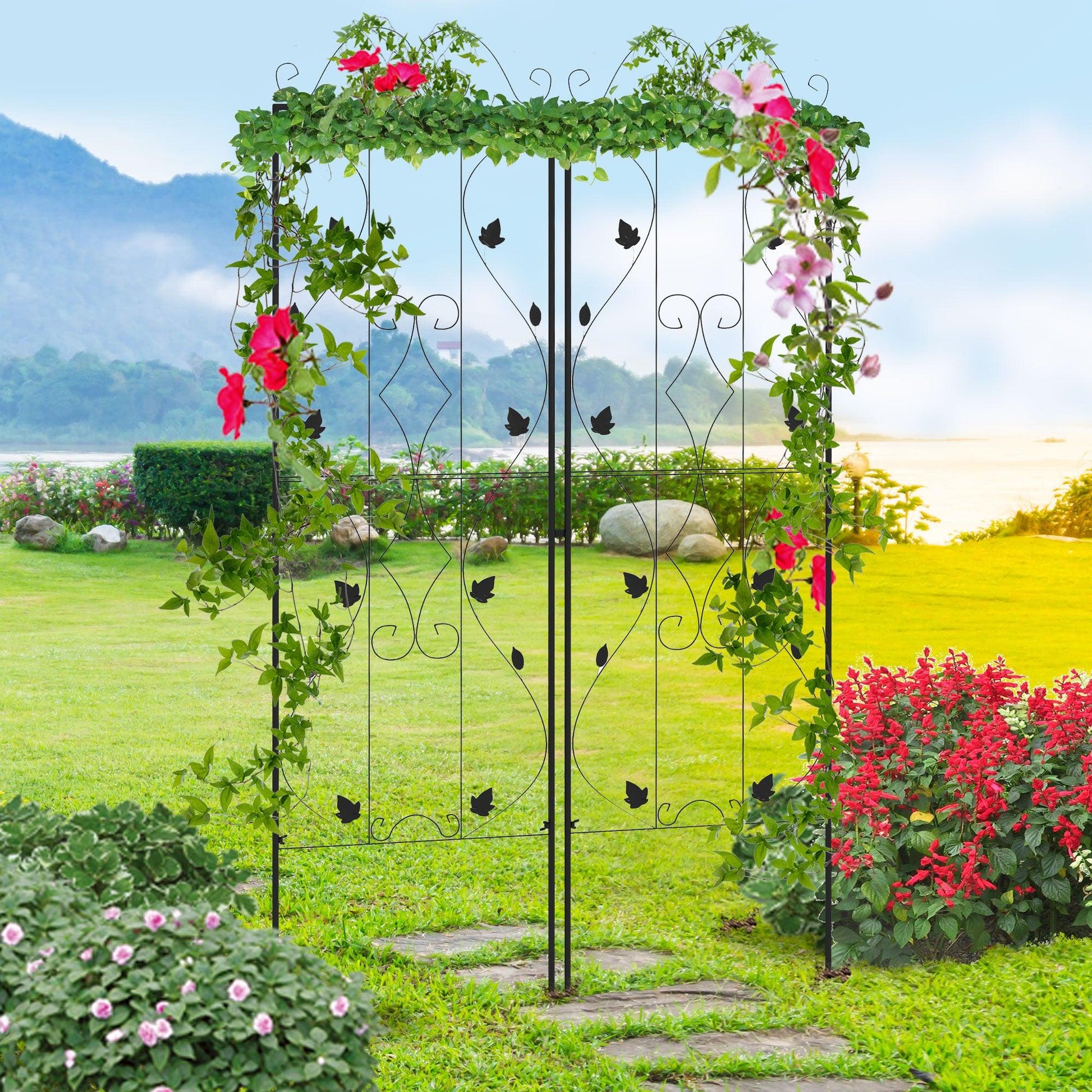 Outsunny Metal Trellis Set of 2, Garden Trellis for Climbing Plants Support Frames, Leaf Design - ALL4U RETAILER LTD