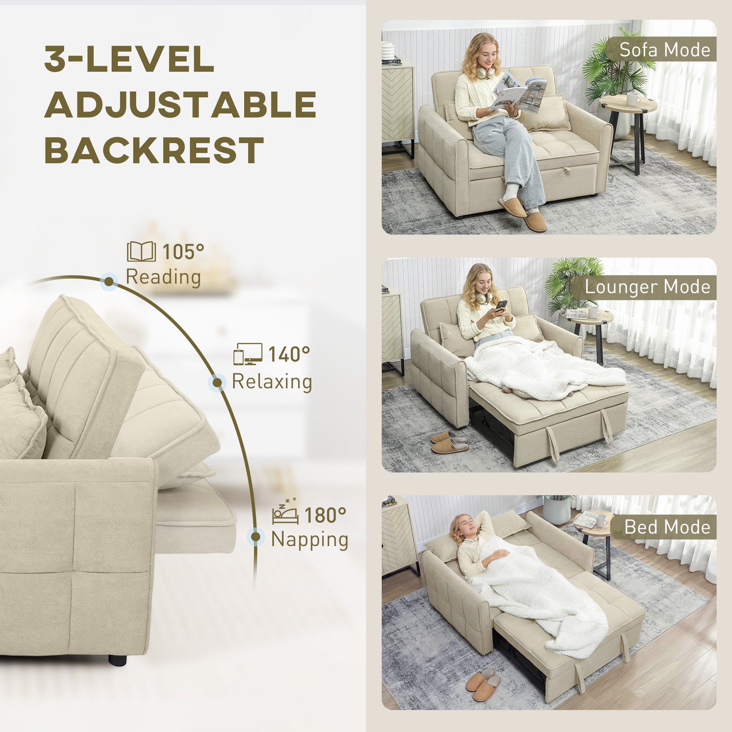 HOMCOM 2 Seater Sofa Bed 3 In 1 Convertible Sleeper Sofa With Click Clack Adjustable Backrest And 2 Pillows Light Brown