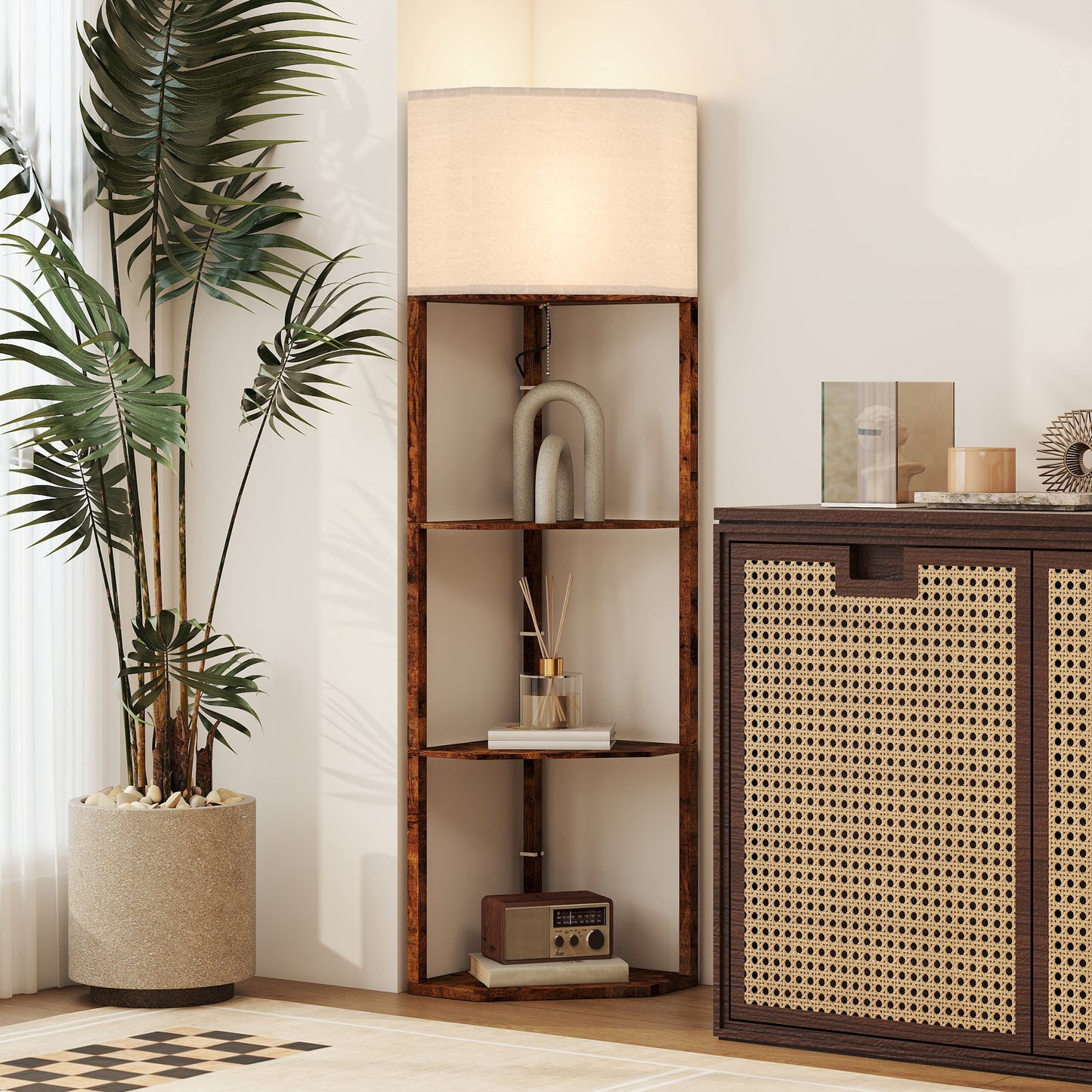 HOMCOM Corner Floor Lamp With Shelves Triangle Wood Effect Design Pull Chain Top Light Soft Fabric Shade