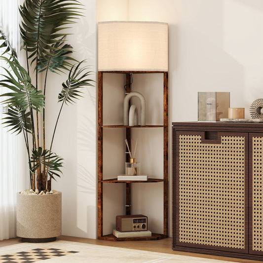 HOMCOM Corner Floor Lamp With Shelves Triangle Wood Effect Design Pull Chain Top Light Soft Fabric Shade