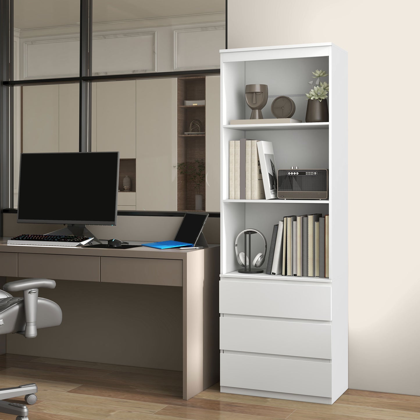 HOMCOM Elegant White 180cm High Bookcase with Shelves and Drawers - Ideal for Compact Spaces - ALL4U RETAILER LTD