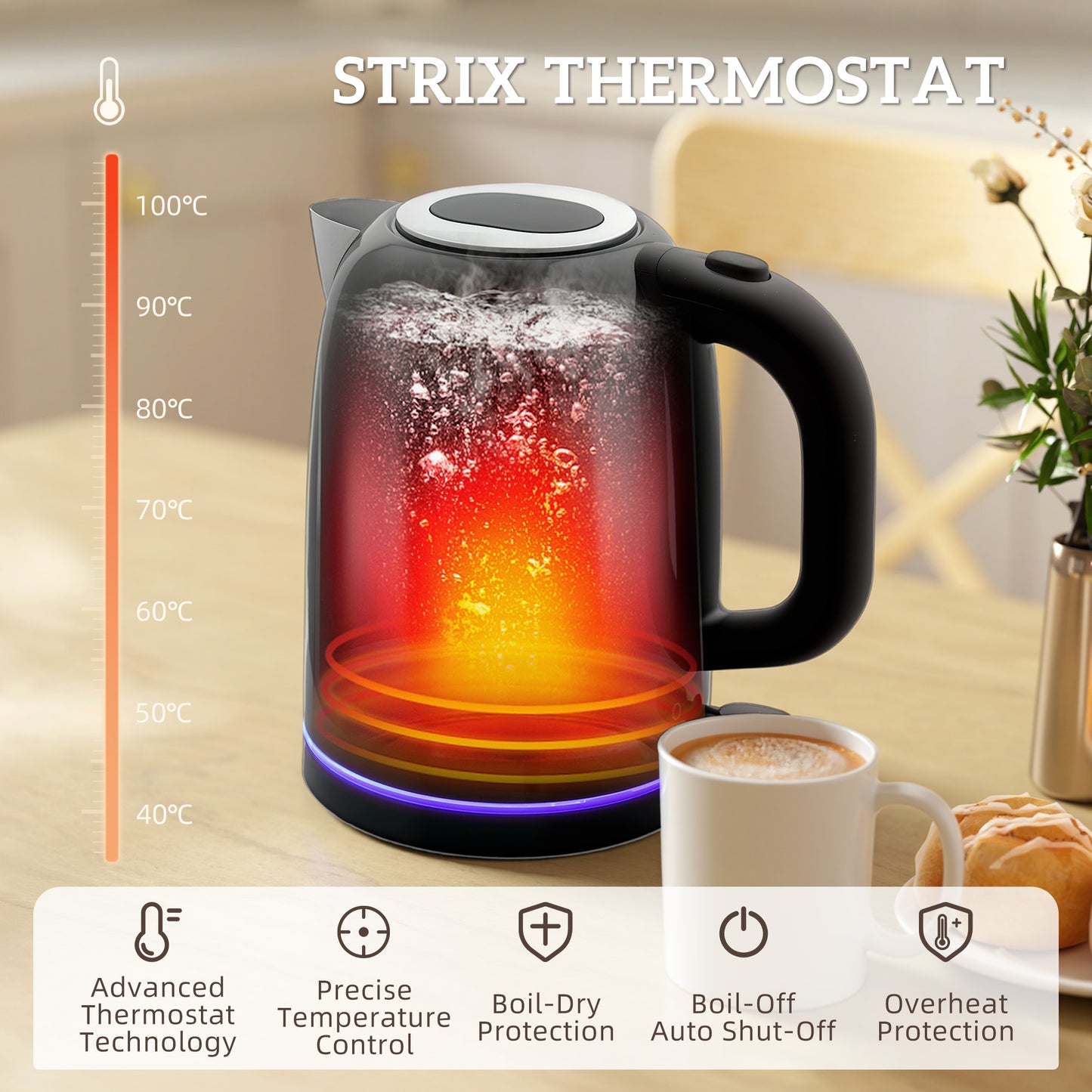 HOMCOM Kettle and Toaster Set 1.7L 3000W Rapid Boil Kettle with Limescale Filter 4 Slice Toaster LED Strip Black