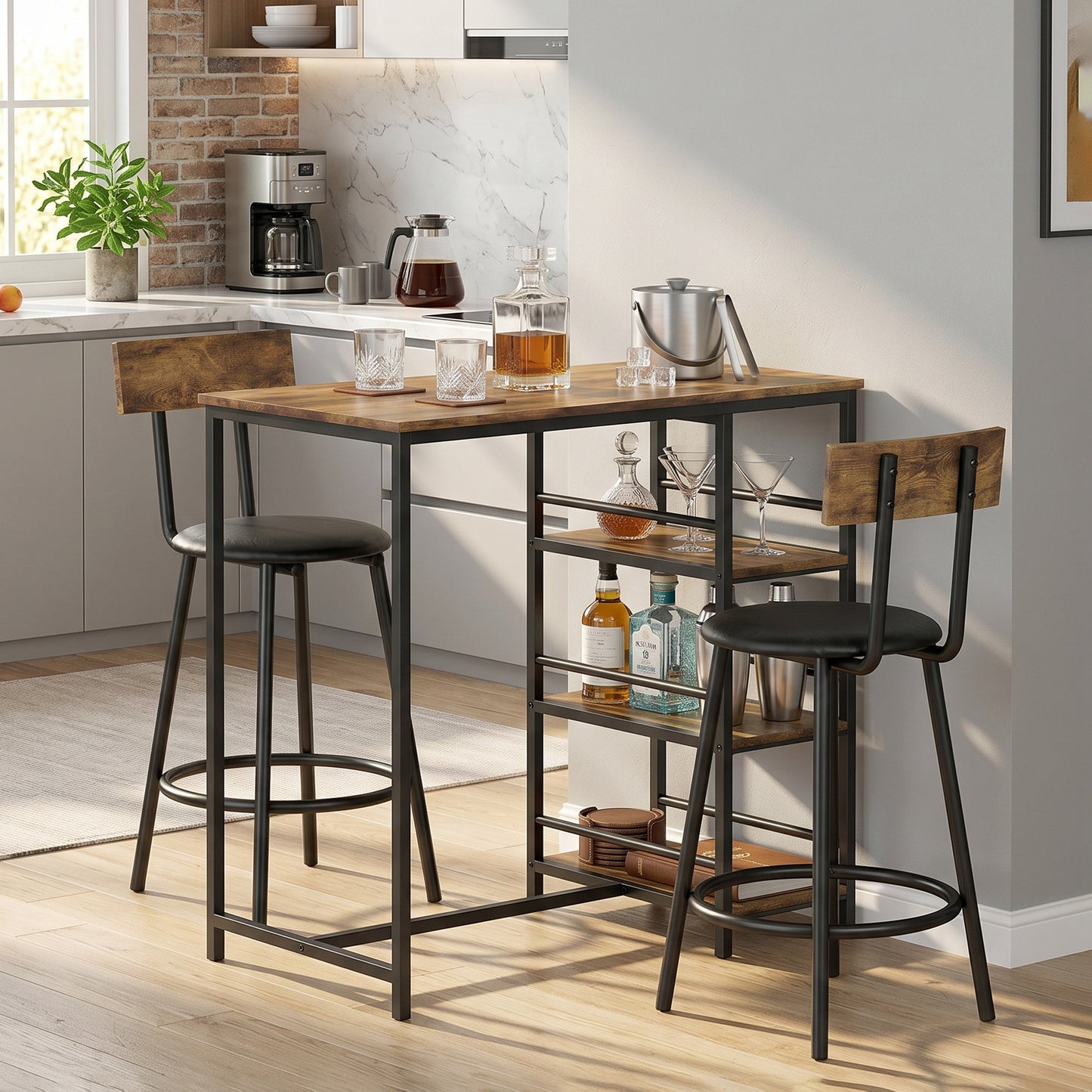 HOMCOM Space Saving Bar Table and PU Leather Stools 3 Piece Breakfast Bar Set for 2 with Storage Shelves Rustic Brown