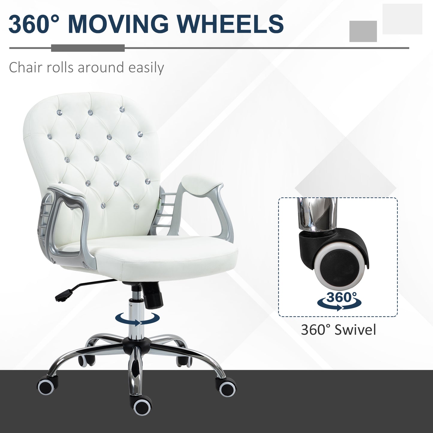 Vinsetto Glamorous Ergonomic Office Chair with Diamante Tufting and 360° Swivel - White PU Upholstery - ALL4U RETAILER LTD