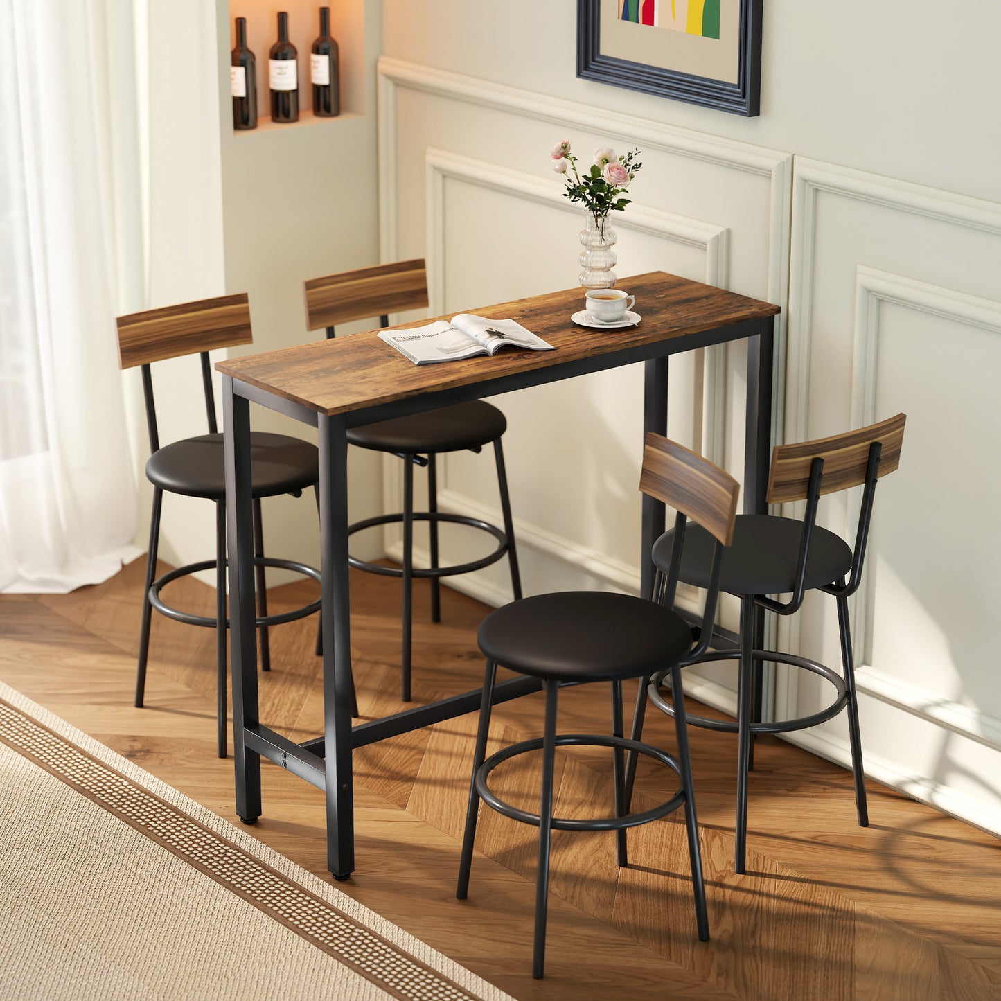 HOMCOM Rectangular Bar Table Wood Effect Pub Coffee Table For Small Space Industrial Rustic Brown
